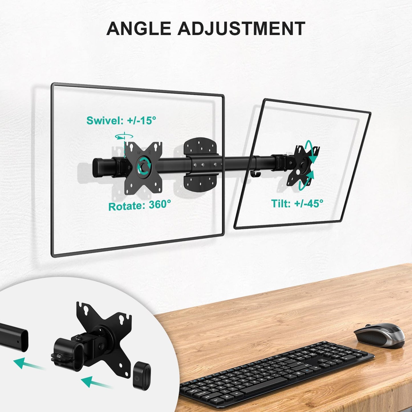 WALI Dual Monitor Arm Wall Mount up to 27 inch, Single to Double Bracket Adapter, Horizontal Assembly Monitor Arm for 2 Screens, Holds Up to 22lbs per Arm (012ARM), Black