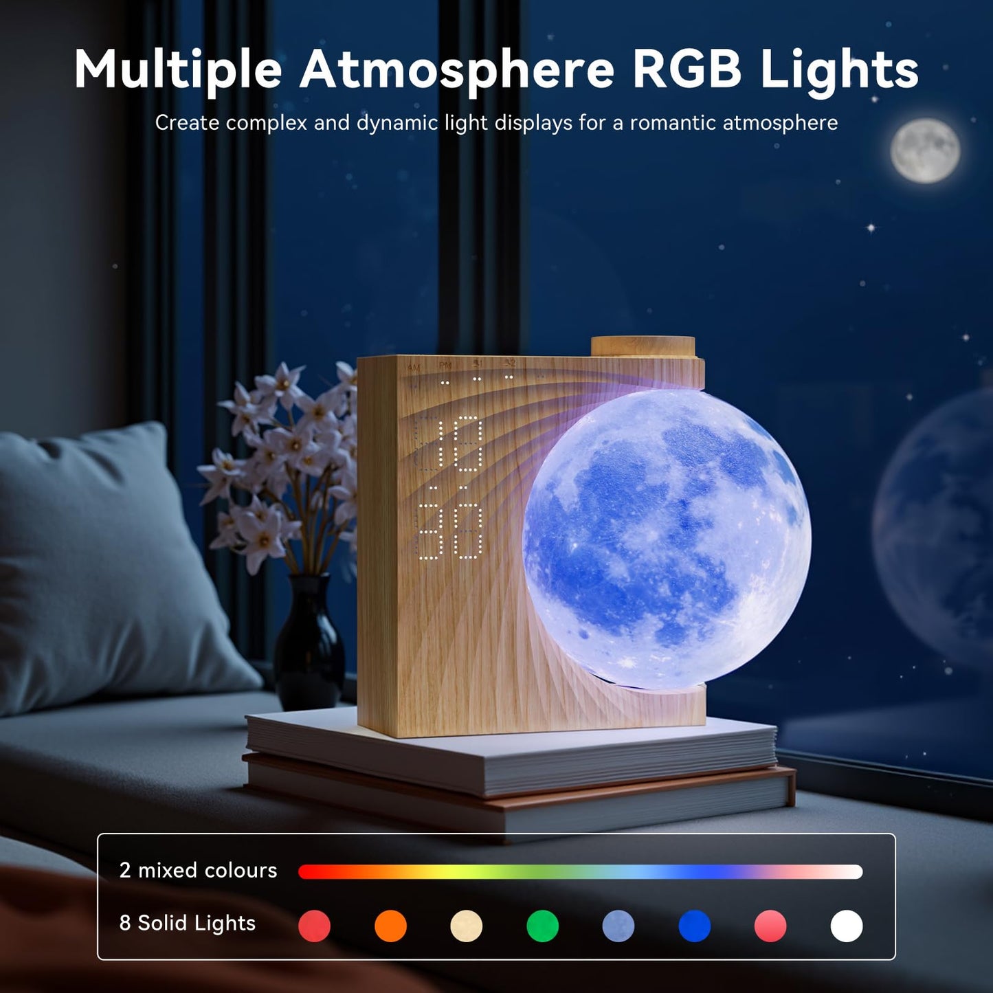 Sunrise Alarm Clocks for Heavy Sleepers,Night Lamp Clocks for Bedrooms with Moon Light,10 Light Effects,30/60/90 Timer,10 Sleep Nature Sounds,15 Ringtones,12 Volume Control with Snooze Function