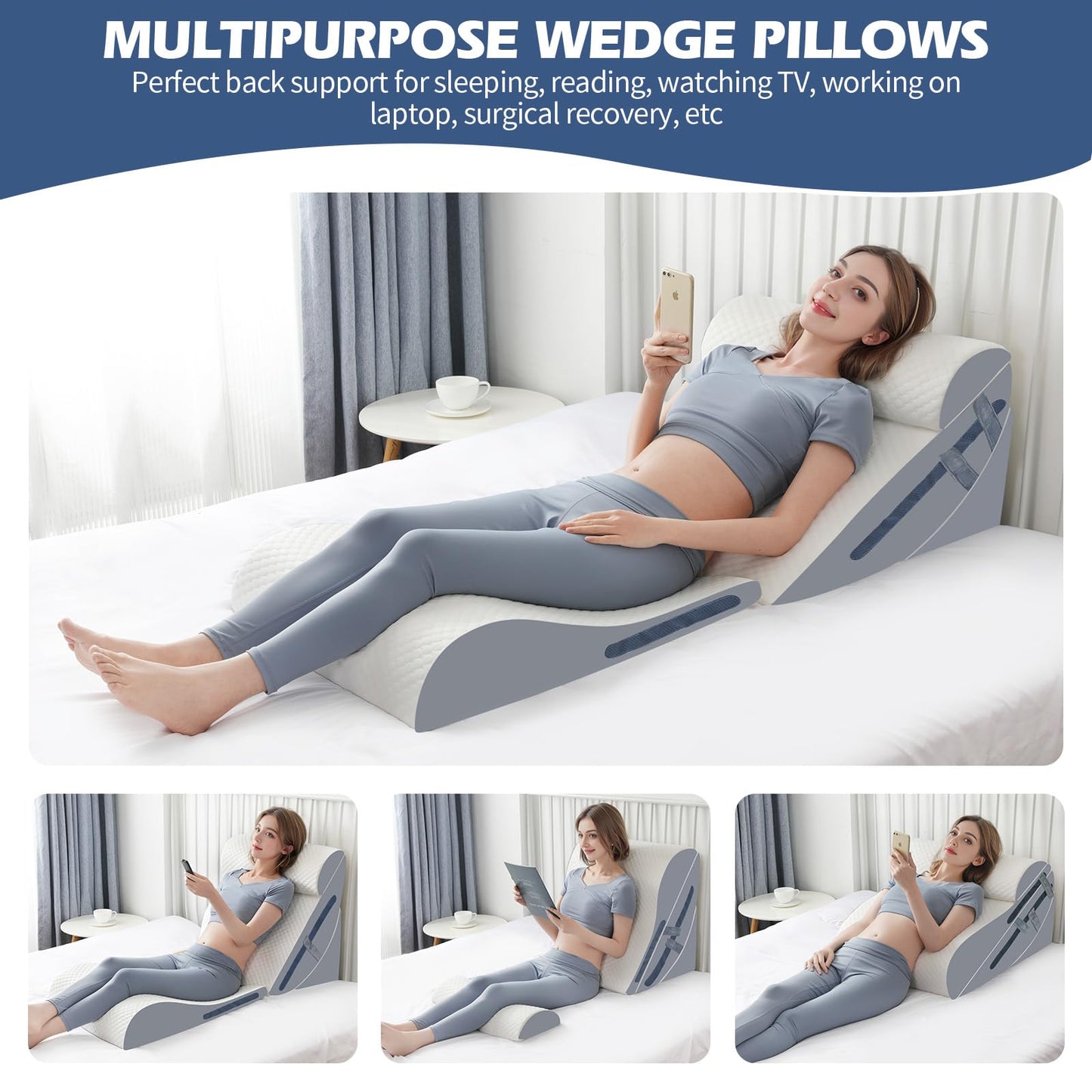 4PCS Orthopedic Bed Wedge Pillow Set with Full Memory Foam Waist Pillow, Wedge Pillow for Back Pain Relief, Adjustable Bed Wedge Pillow for Sleeping, Post Surgery, Leg Elevation, Acid Reflux & GERD