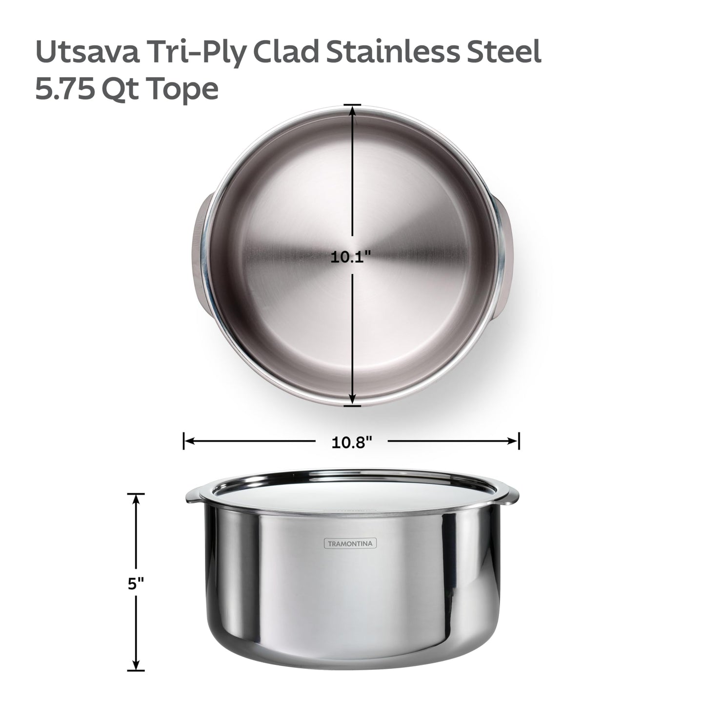 Tramontina Utsava 5.75-Quart Tri-Ply Clad Stainless Steel Tope with Lid, Patila Pot for Indian Cooking