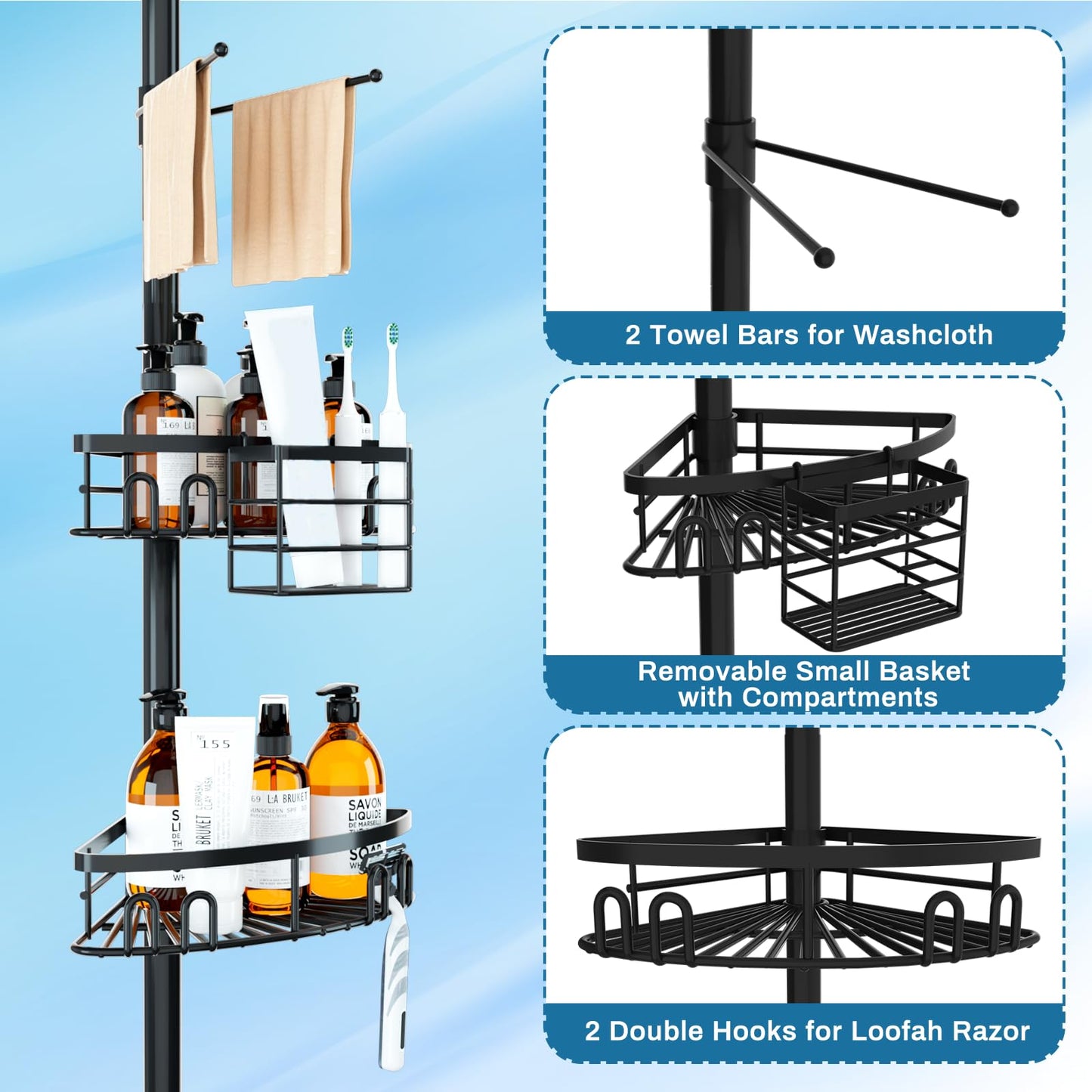 cutefafa Rustproof Corner Shower Caddy with Tension Rod, 4 Large Baskets for Bathtub Shampoo Storage Organizer Bathroom Height Adjustable Shelves from 50 to 297 cm with Towel Bar