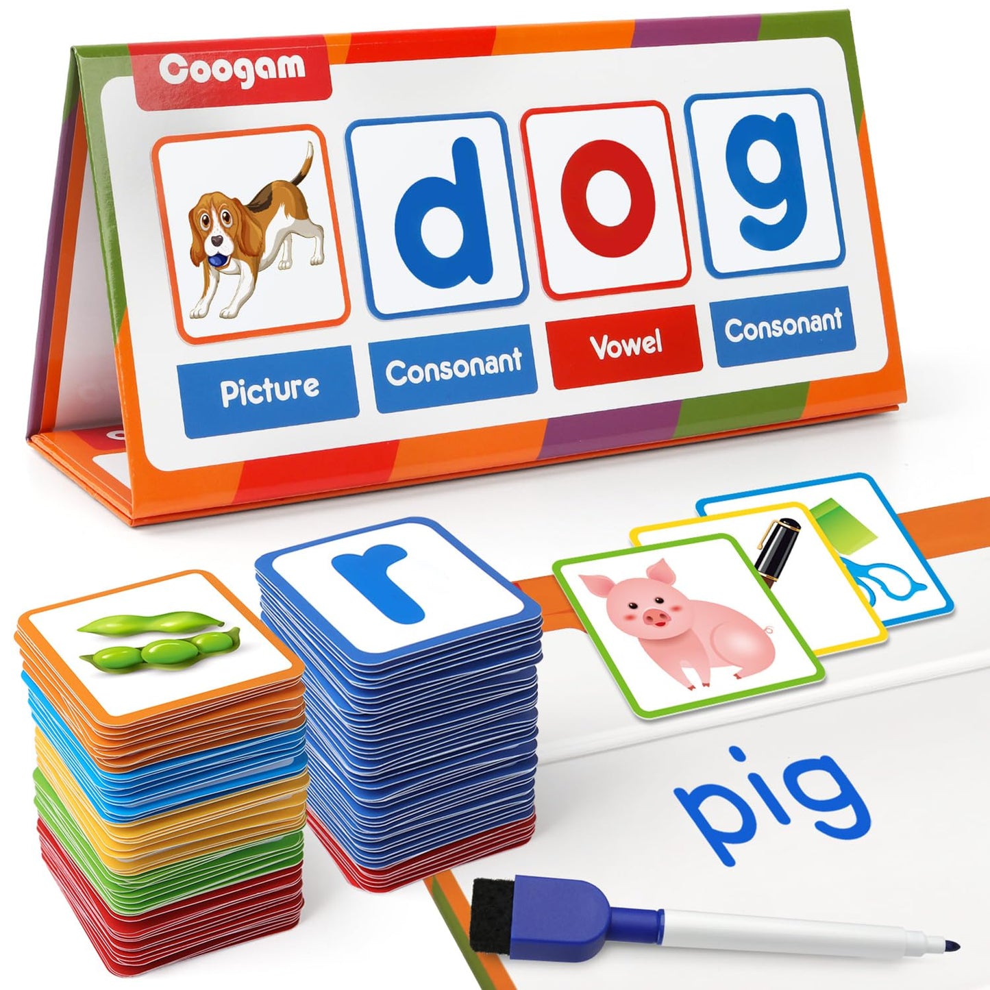 Coogam CVC Word Builder, Magnetic Desktop Pocket Chart CVC Word Reading and Spelling Toy, Montessori Educational Phonics Games Toy Gift School Supplies for Kids