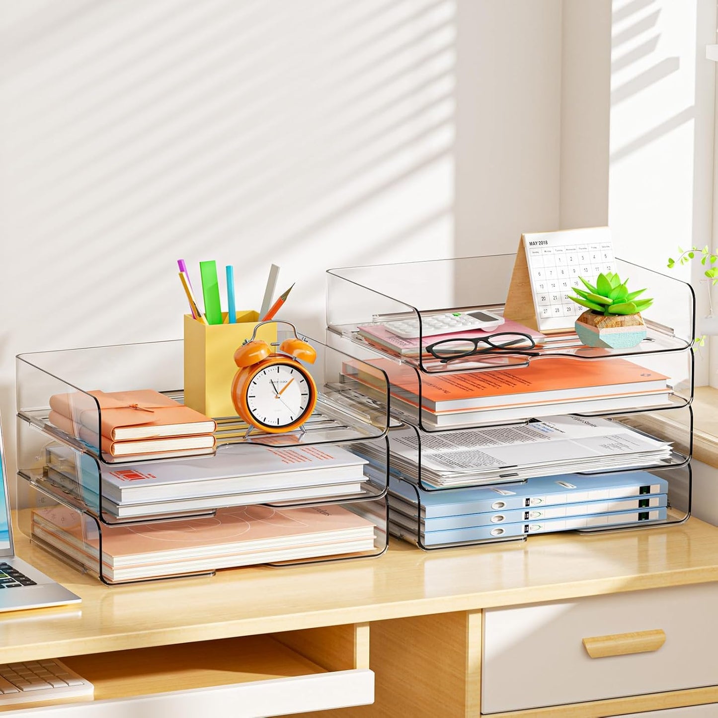 4 Trays Paper Organizer Letter Tray - Acrylic Desk File Organizer, Stackable Clear Paper Holder Sorter Office Organizer for Letter/A4, Office File Ipad Books Notes Etc (Clear Tray, 4 Pack)