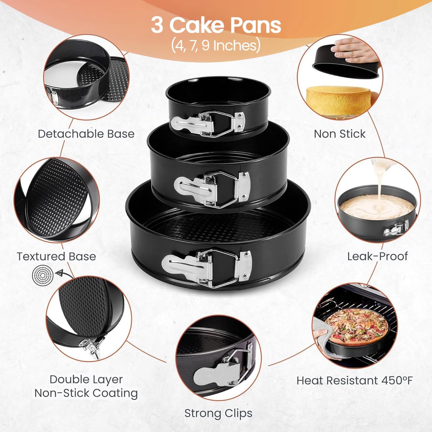 Cake Pans with Baking Supplies | 100 Pcs Springform Pan Set Includes 3 Round Non-Stick Moule a Gateau (4,7,9 inches Baking Pan)-Icing Tips-Leveler–Leak Proof Cheesecake Pan-Baking Set & EBook By RFAQK