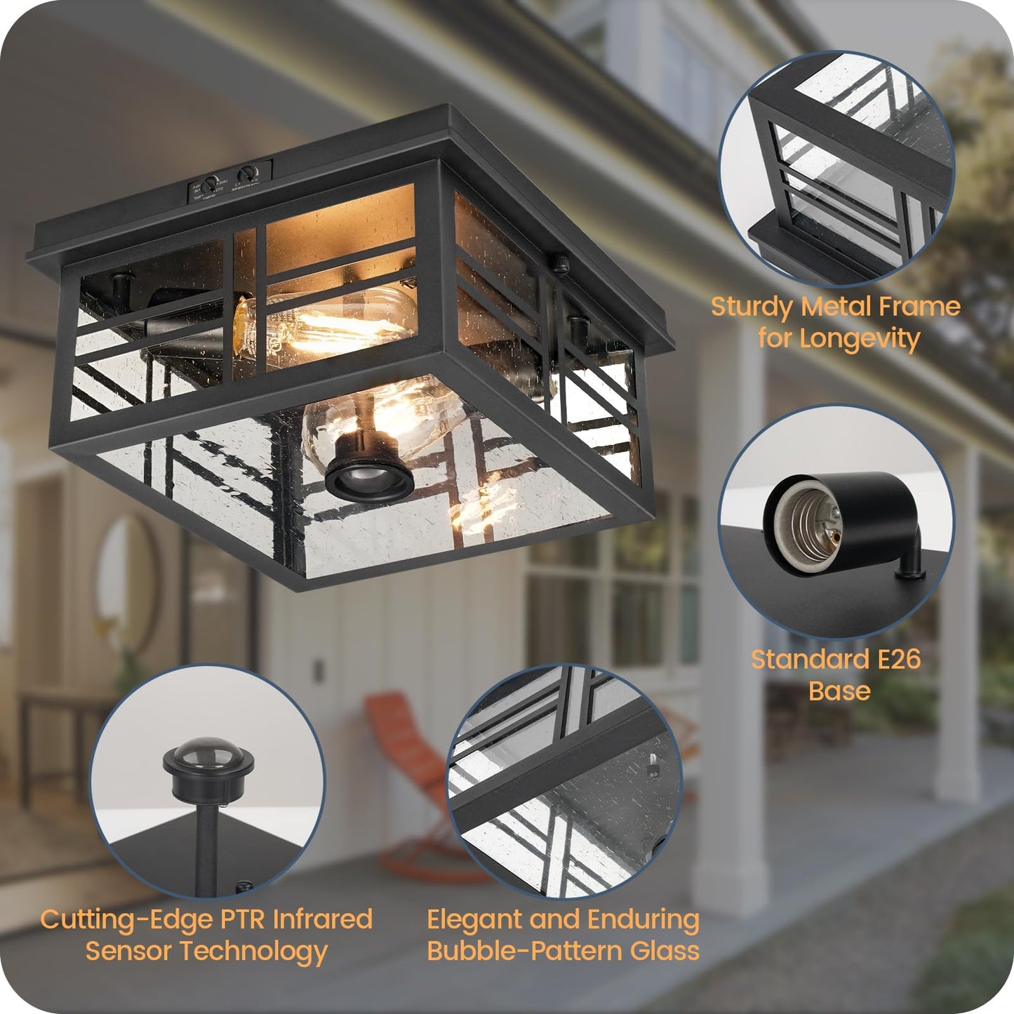 GOEBLESON Infrared Sensor Outdoor Ceiling Light, Flush Mount Motion Sensor Ceiling Light, 2-Light Black with Bubble Glass, Bulbs Not Included, 4 Modes, for Porch, Garage, Hallway, Patio, BQ08XD05W1