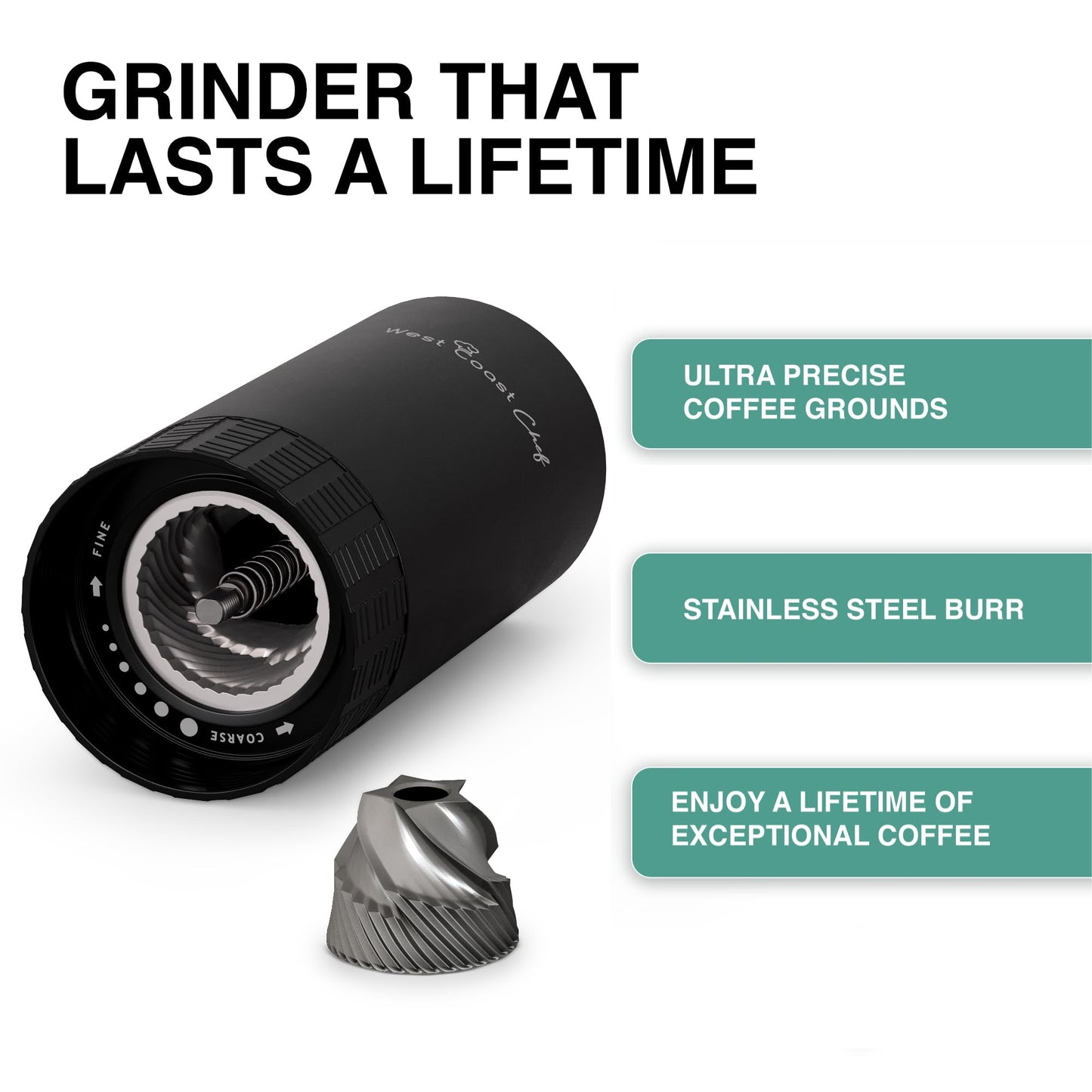 West Coast Chef Manual Coffee Grinder - Manual Burr Grinder, Portable Coffee Grinder Manual - Espresso Hand Grinder Coffee - Manual Coffee Bean Grinder - Travel Coffee Grinder Hand Coffee Grinder Burr