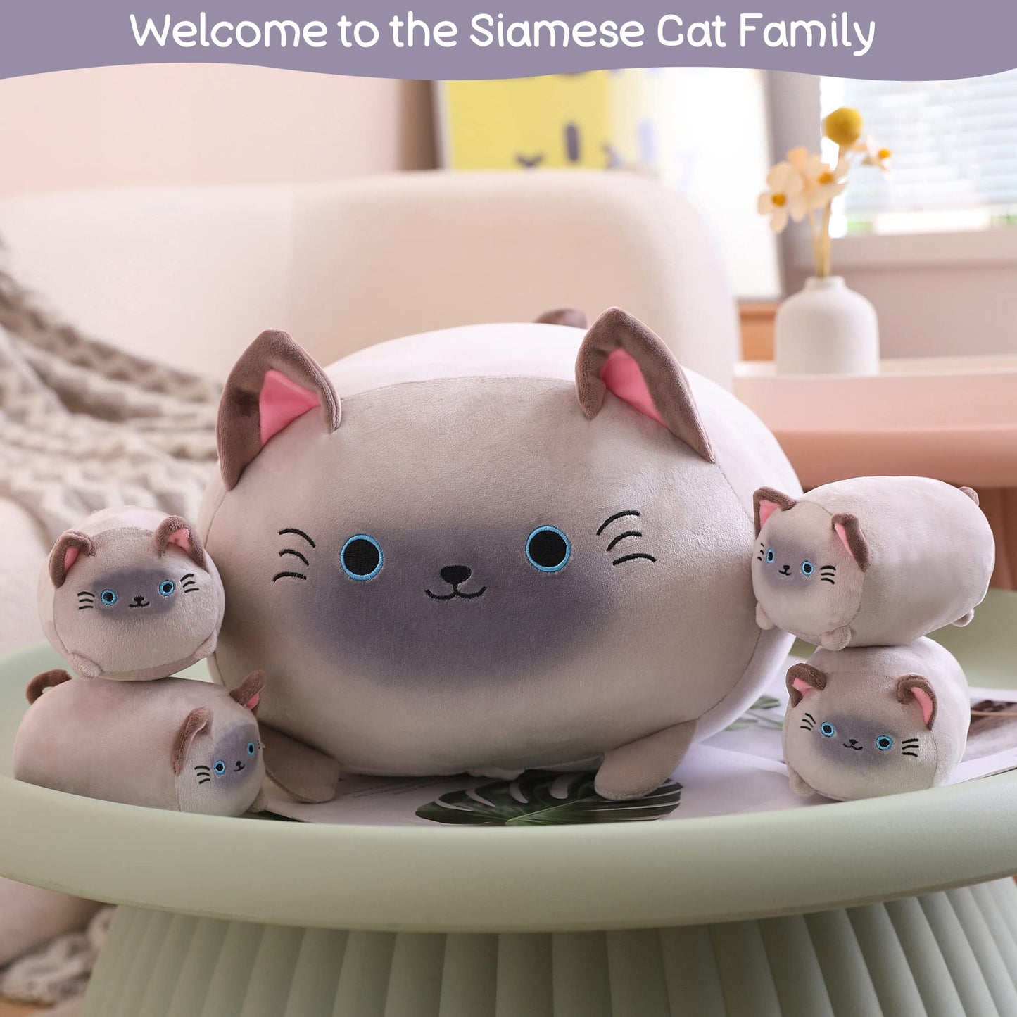 SQEQE Siamese Cat Plush, Cute Siamese Cat Stuffed Animals Mommy with 4 Squishy Kitties in Her Tummy, Soft Plushies Pillow Gifts for Kids