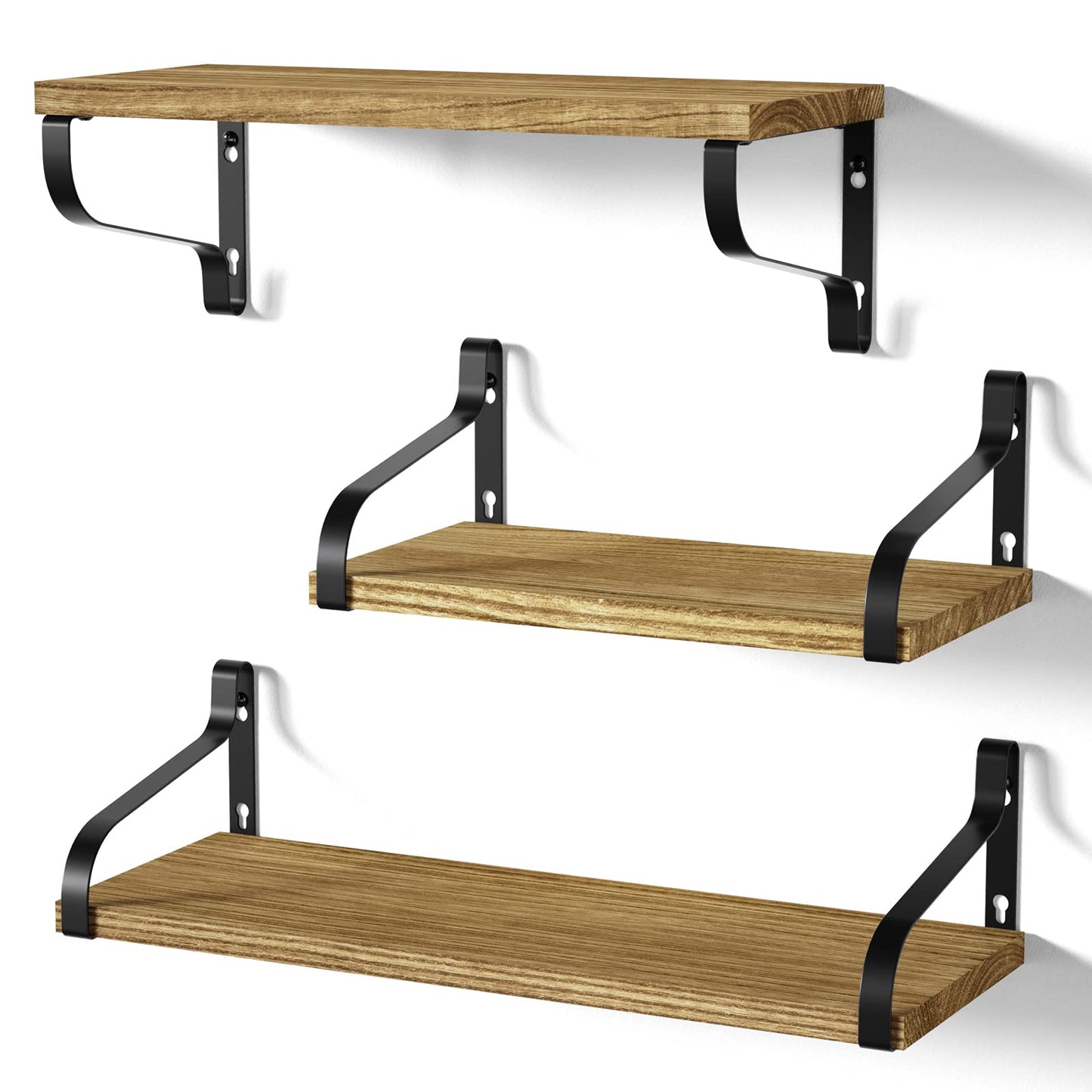 Love-KANKEI Floating Shelves Wall Mounted Set of 3, Large Wood Wall Shelves for Storage, Rustic Shelves for Bathroom,Bedroom,Living Room,Kitchen,Office Display Carbonized Black