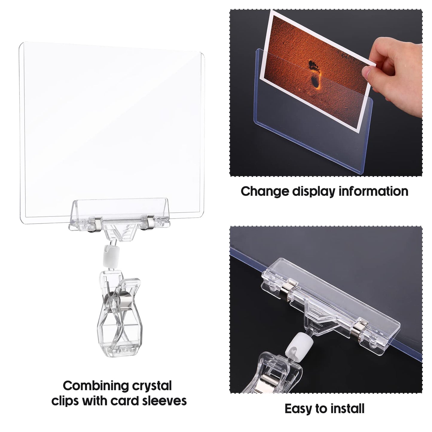 Epakh 40 Pieces Rotating Clip Pop for Retail Display, Swivel Sign Rotatable Merchandise Holding Clamp Holder for Hanger Rails or Tubes with 40 Pieces Hard Card Sleeves PVC Protector