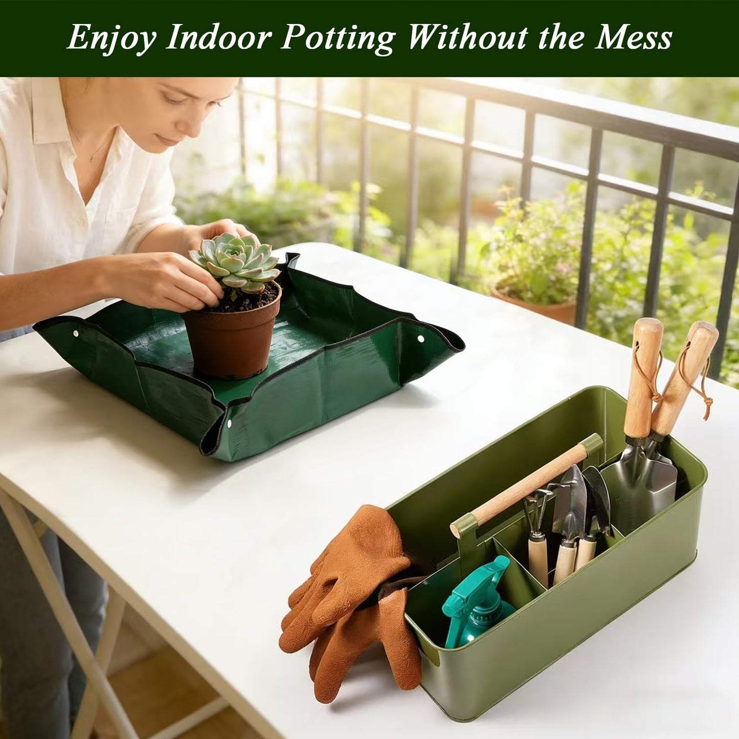 VerdantVibes Metal Garden Tool Caddy - Galvanized Organizer Basket with Wood Handle, Waterproof Repotting Mat & 3-Piece Mini Tools - Indoor Gardening Gift Set for Houseplant Lovers Women