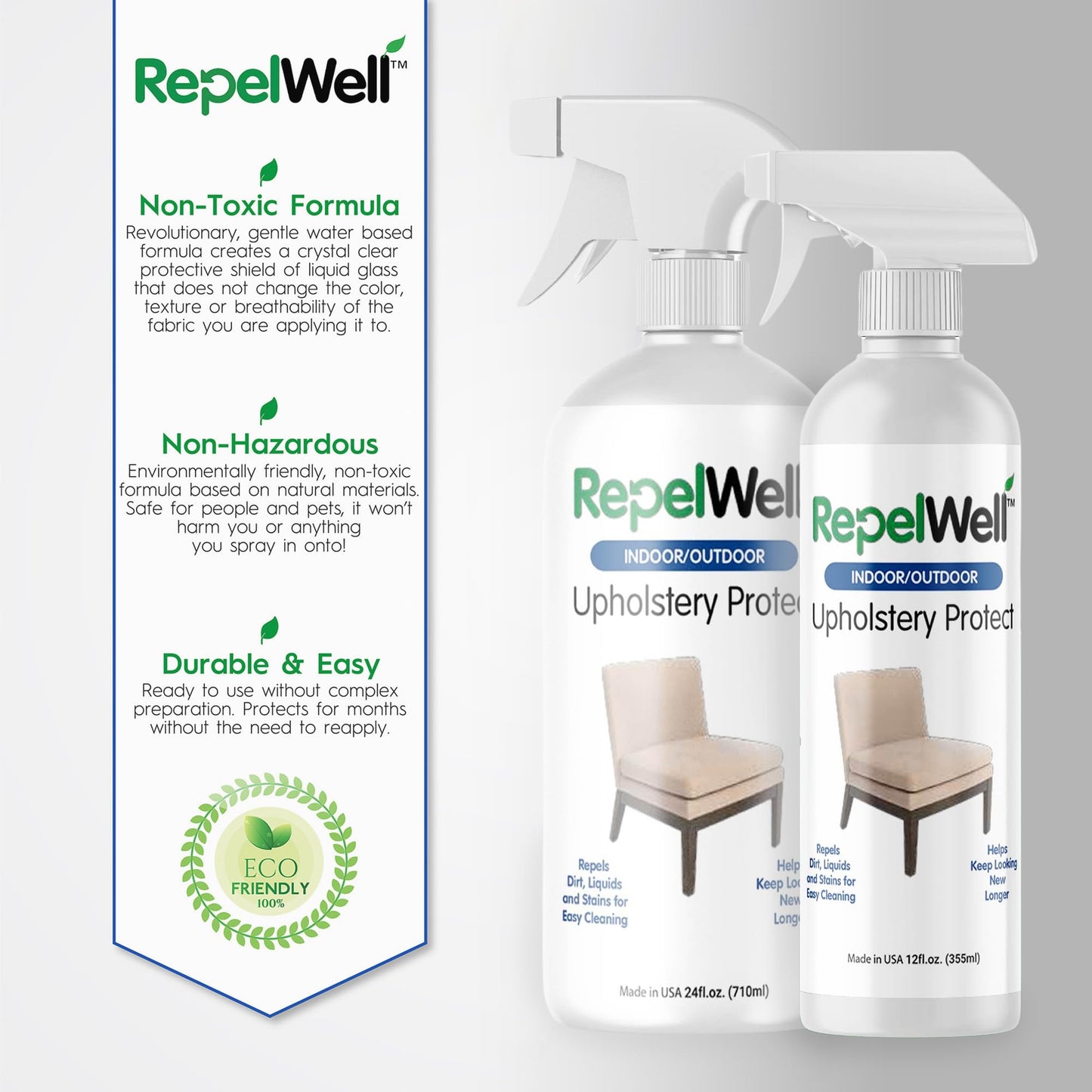 RepelWell Upholstery Protect Stain & Water Repellent Spray 24oz – Non-Toxic, Pet-Safe Formula for Fabric, Leather, & Suede – Long-Lasting Stain Guard Keeps Furniture Clean & New