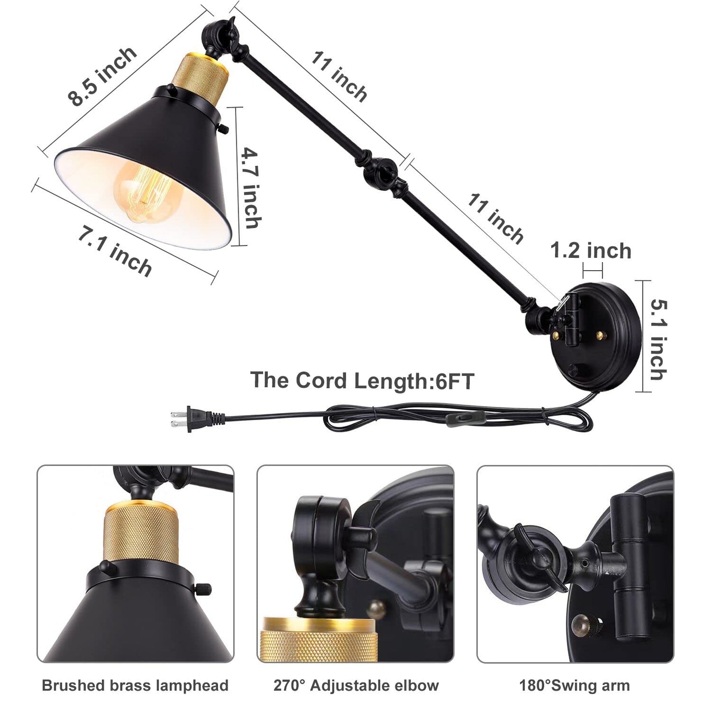 TRLIFE Wall Sconce Plug in, Dimmable Wall Sconce with Switch Swing Arm Wall Lights Plug in Wall Mounted Light with 6FT Plug in Cord(Two Arms, 1 Pack)