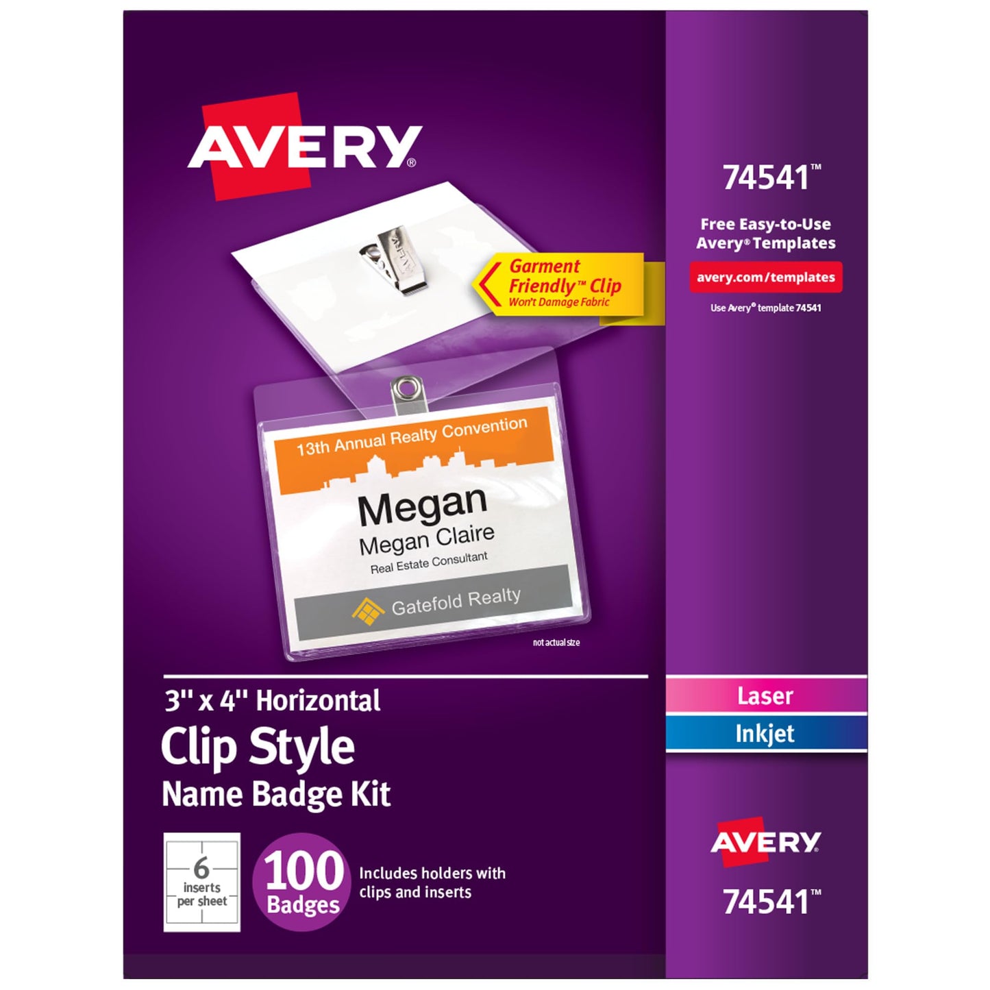 Avery Top Loading Clip Style Name Badges, Soft Plastic, 3 x 4 Inches, White, 100 Holders and 100 Ink Jet/Laser Inserts (74541)
