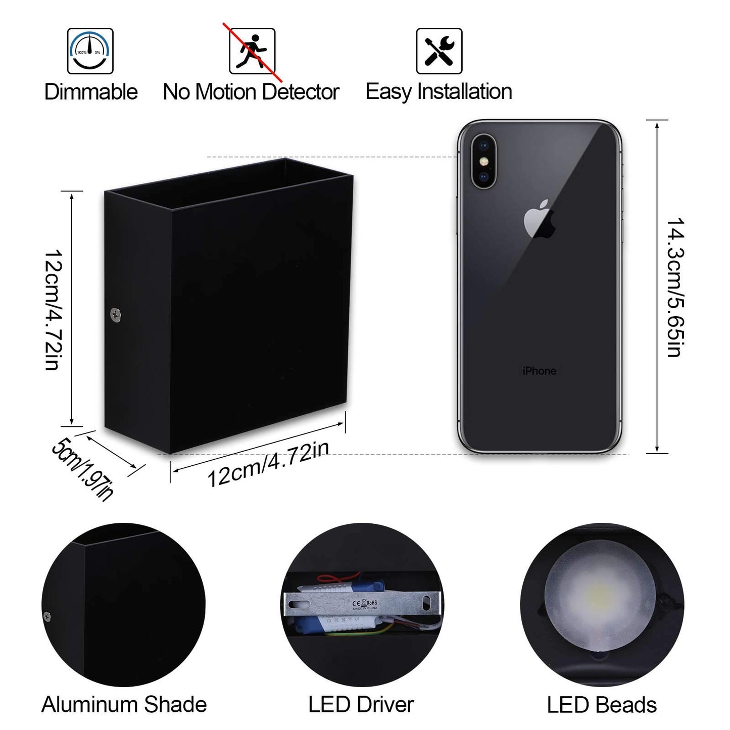 Lightess Indoor Wall Sconce Dimmable 10W, Modern LED Wall Lamp Black, Up Down Wall Mount Lights Mini Metal for Living Room Bedroom Hallway Decor, Warm White, O1185TP