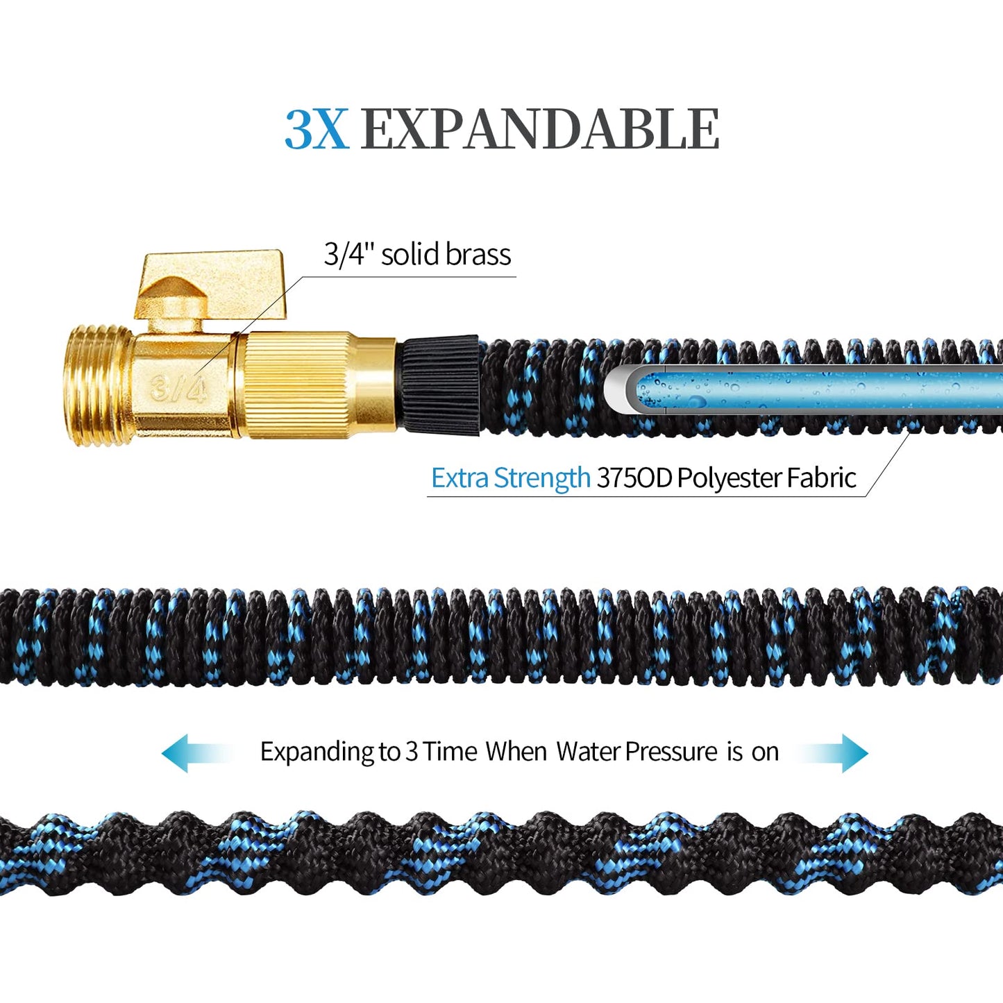 Expandable Garden Hose, Water Hose 100ft with 10 Function Nozzle, Flexible Hose with 3/4" Solid Brass Fittings, Extra Strength Fabric, Easy Storage Kink Free, Black & Blue