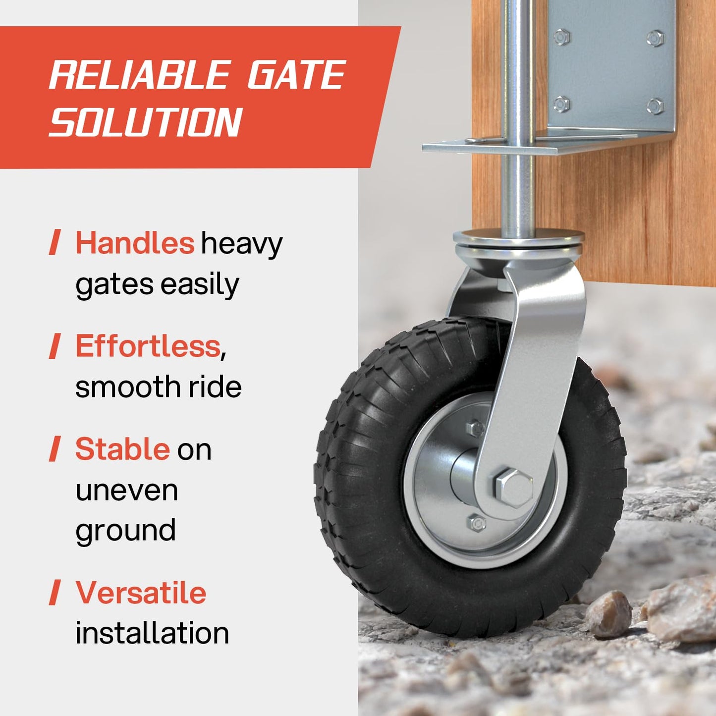 Heavy Duty Fence Gate Wheel - 8-inch Gate Wheels for Wooden or Metal Gate - Spring Loaded Gate Caster Wheel with Suspension for Swing or Rolling Gate Support - Flat Free Tire - 360 Degree Swivel