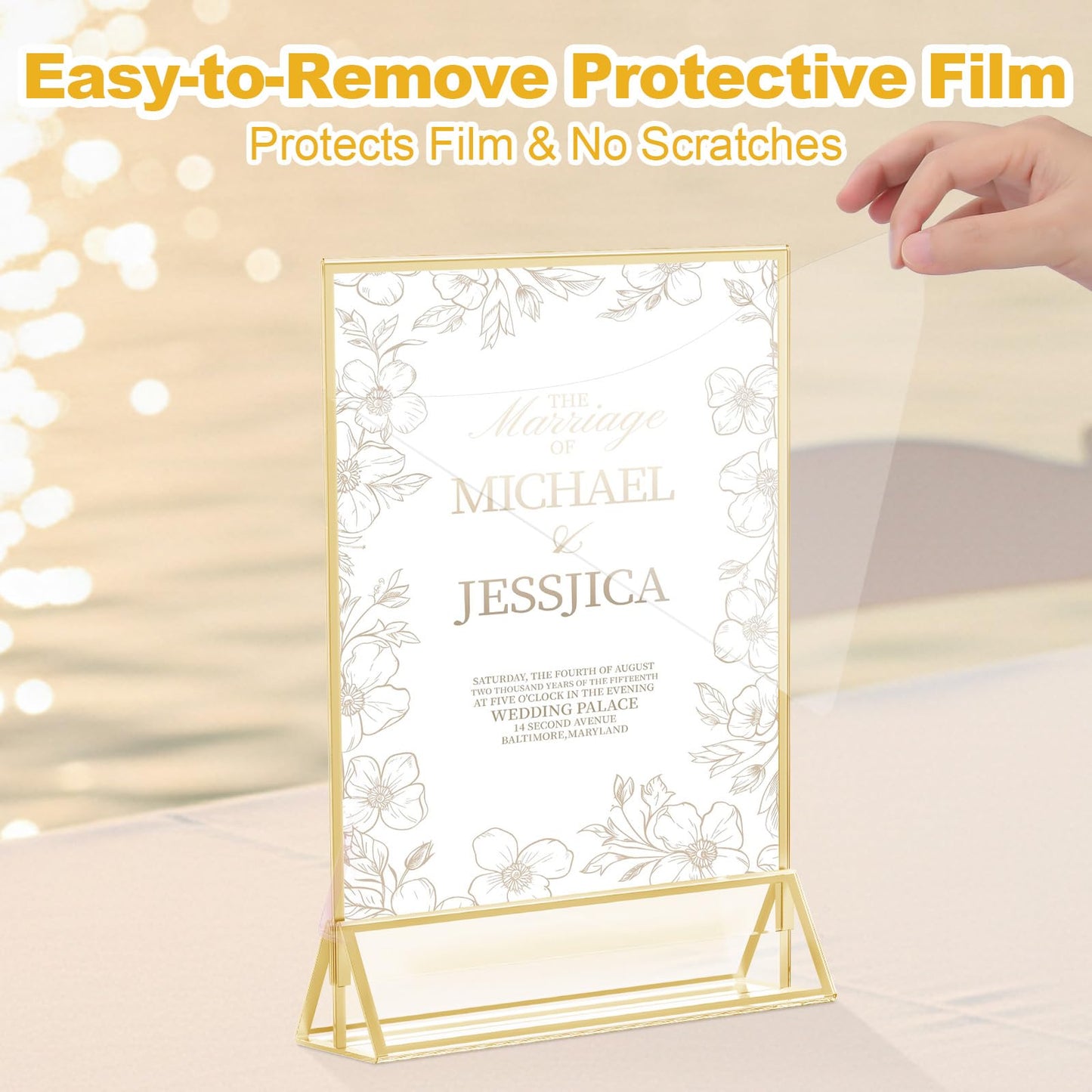 Acrylic Sign Holder, Double Sided Gold Picture Frame Stand up Table Top Sign Holders, Clear Display Stand Menu Flyer Holder for Wedding Party (14 Pack 5 x 7 Inch)