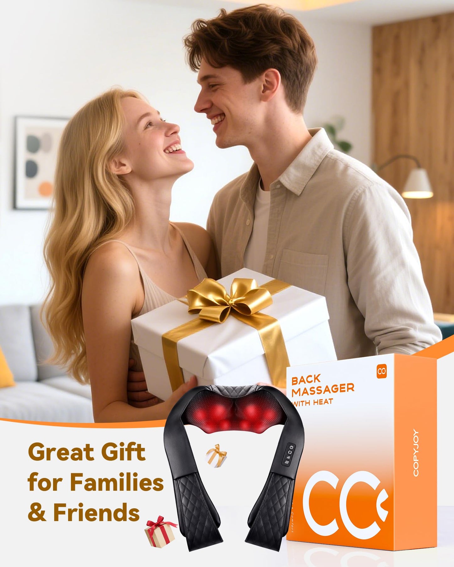 COPYJOY Neck Massager with Heat, Shiatsu Neck and Back Massager for Pain Relief Electric 4D Kneading Shoulder Massager Pillow for Whole Body Relaxation, Gifts for Mom Dad Women Men, Not Cordless