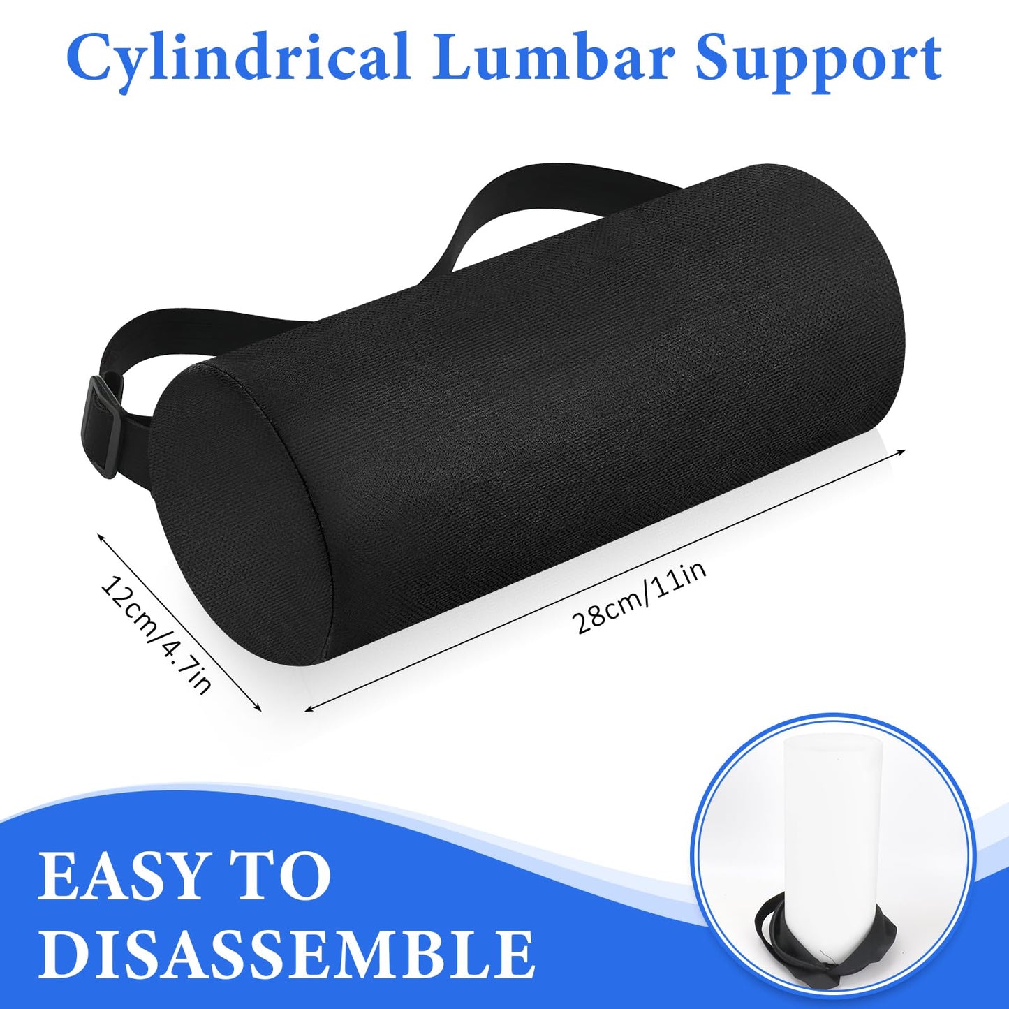 2 Pack Lumbar Roll Support Pillows, 11 Inch Neck Roll Pillow for Office Chair Car, Memory Foam Back Cushion with Adjustable Strap and Washable Cover