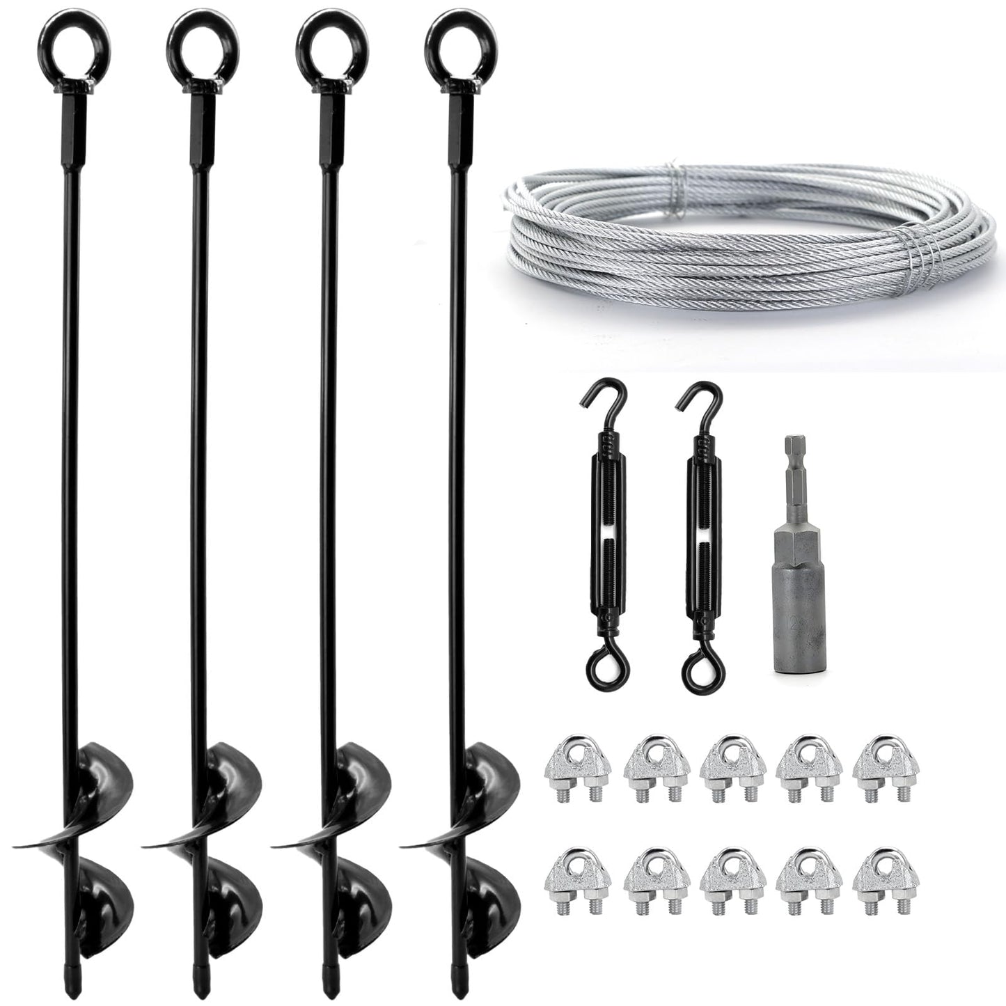 hannger 4 Pack 18" Ground Anchors, Shed Anchor Kit with 1/8" Galvanized Cable & Turnbuckles, High Wind Heavy Duty Earth Anchors for Shed Trampoline Carports Gazebo Tent Camping Swing Set Anchors