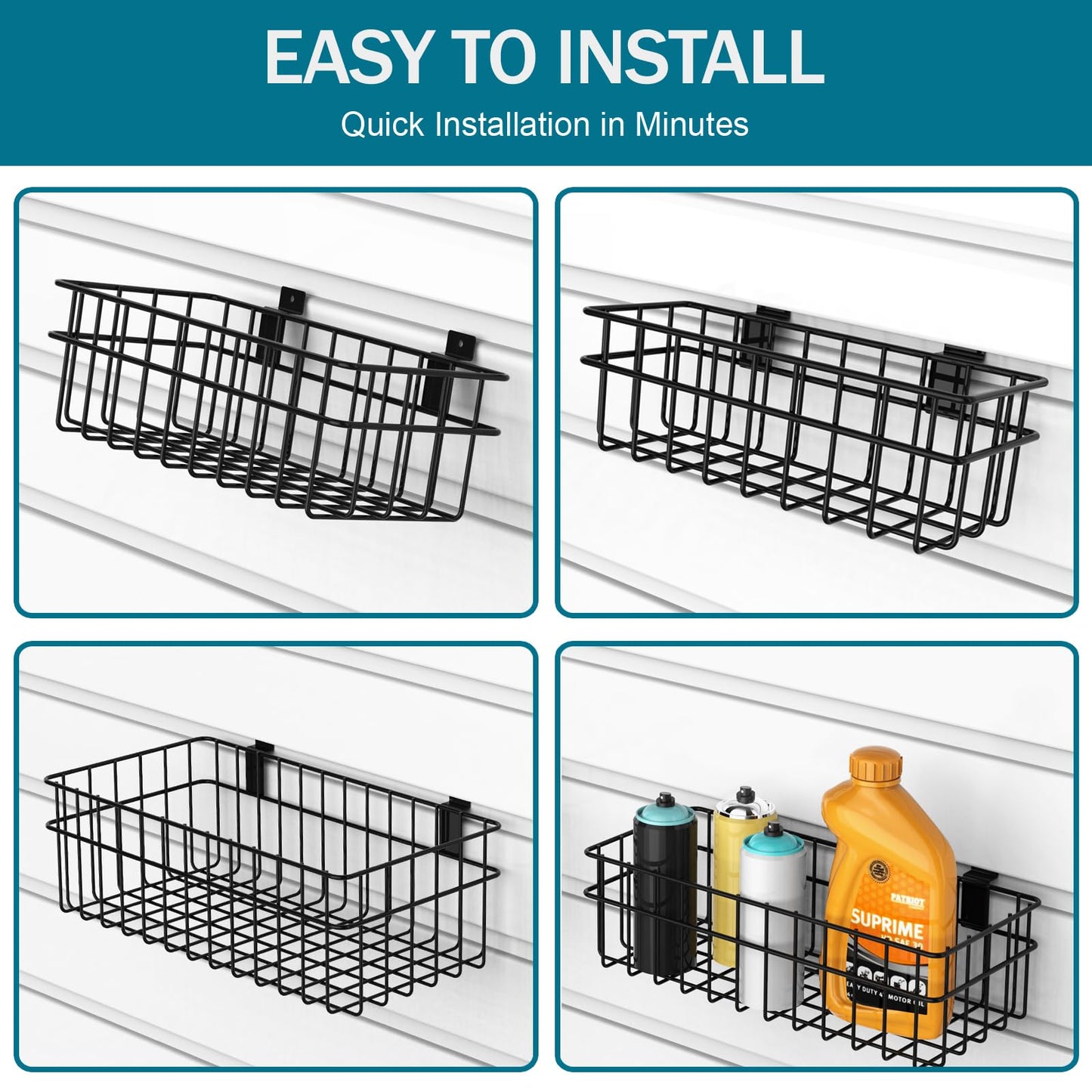 DAANXW 4 Pack Large Slatwall Baskets Set, Ventilated Metal Hanging Storage Slat Wall Basket, Mounted Slatwall Accessories for Garage Storage Organizing Display on Slatwall Panels bins (Black)