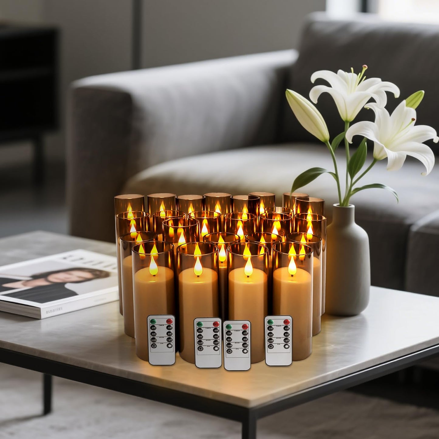 24-Pack Flameless LED Candles with Remote - Dimmable Battery Operated Fake Candles, Realistic Flickering Flame Effect, Grey Acrylic for Wedding Centerpieces, Halloween Decor, Home & Party Lighting