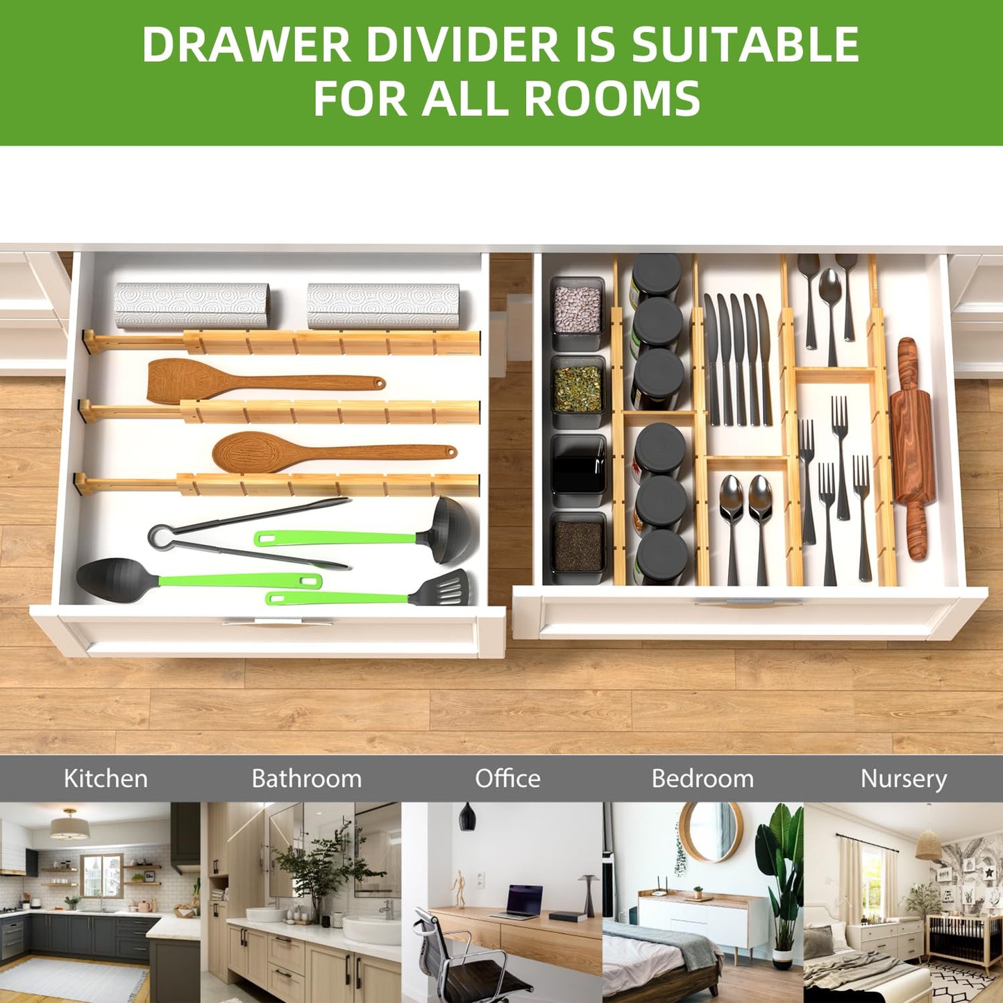 ANTOWIN 4 Pack Expandable Drawer Dividers, 2.2'' High, Extend from 17'' to 22'', Dresser Drawer Organizers, Bamboo Separators for Kitchen, Bedroom, Office, with 12 Pack Divider Inserts (Natural)