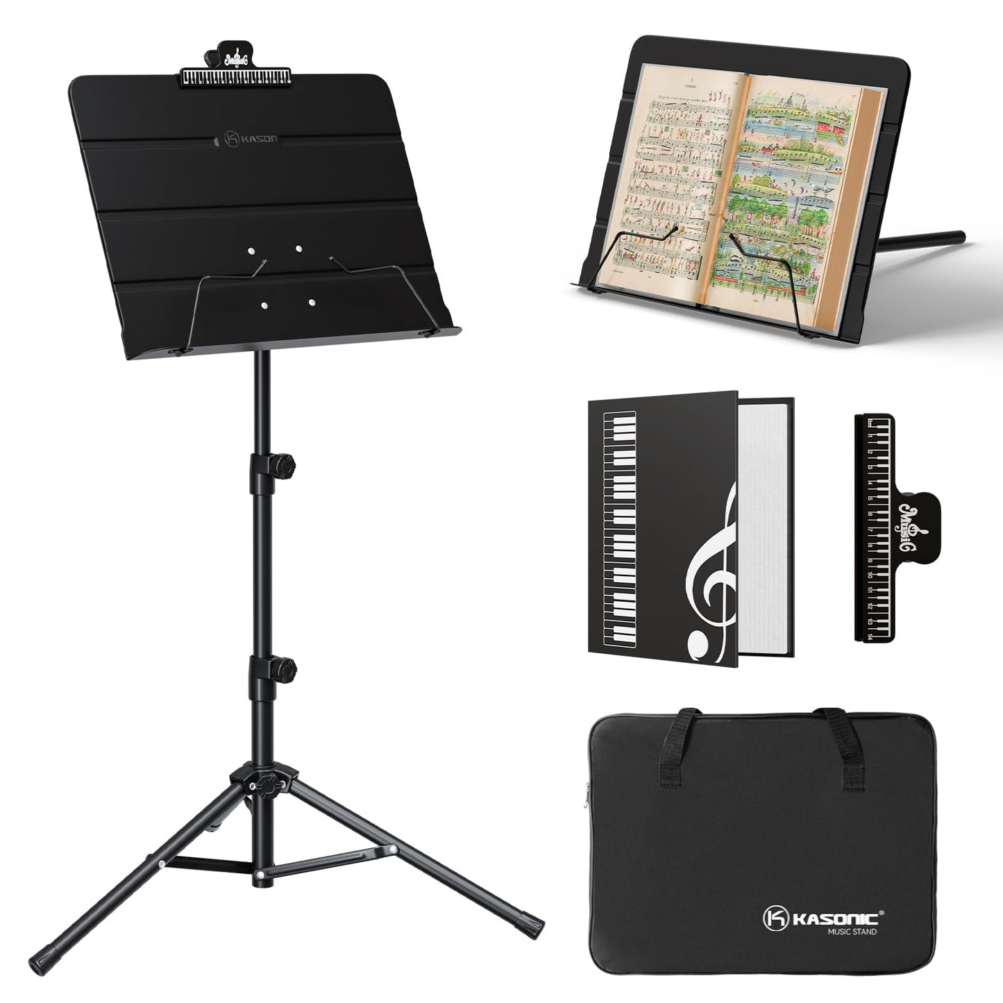 K KASONIC - Dual-Use Folding Sheet Music Stand & Desktop Book Stand with Portable Carrying Bag, Sheet Music Folder & Clip Holder (Black)
