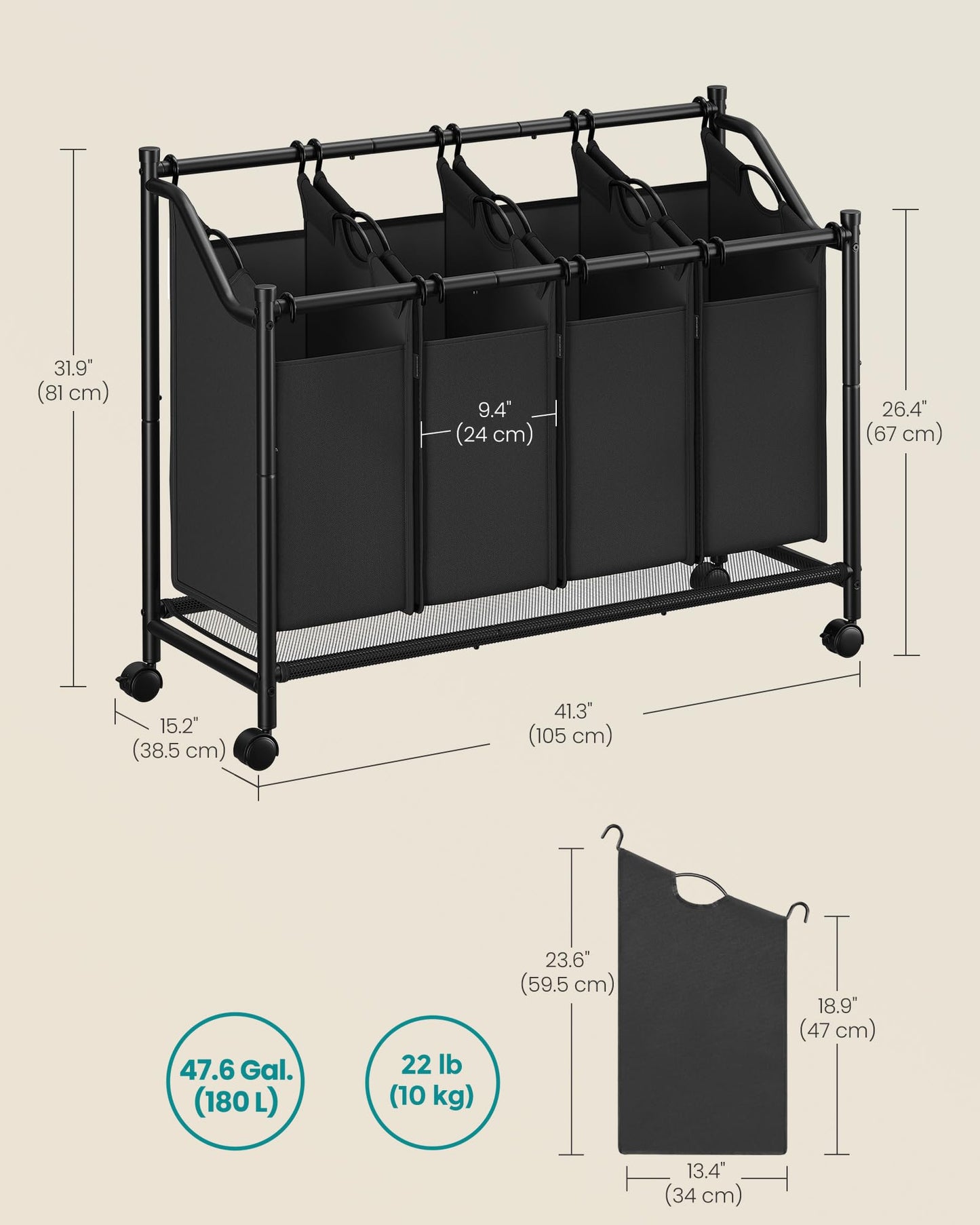 SONGMICS Laundry Sorter, Rolling Laundry Basket with 4 Removable Bags, Laundry Hamper, Laundry Cart, for Laundry Room, Bedroom, Bathroom, 4 x 11.9 Gallons, Ink Black URLS103B01