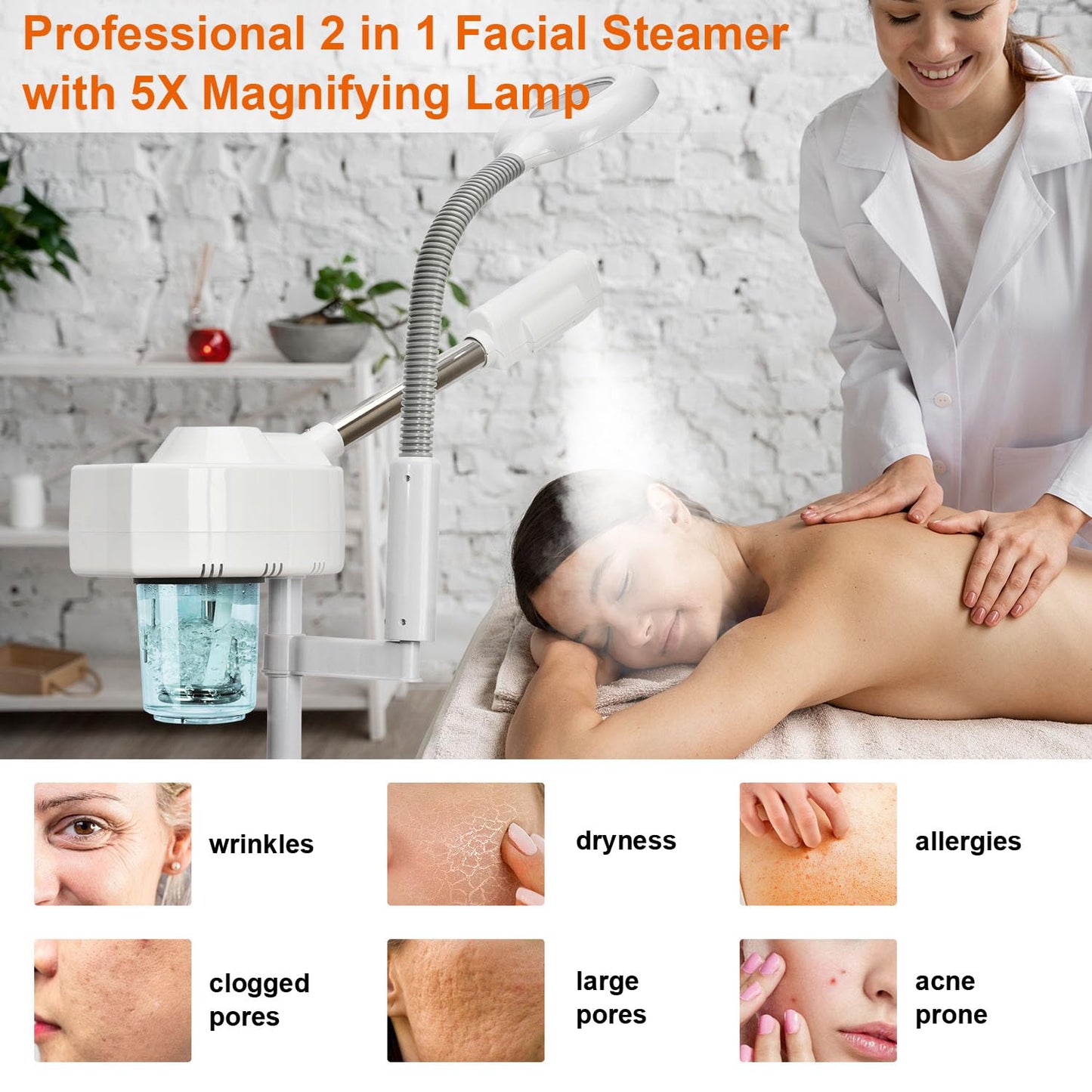 Professional Facial Steamer, 2 in 1 Facial Steamer with 5X Magnifying Lamp/Adjustable Hot Mist Nozzle, Facial Steamers for Home Beauty Salon Spa, Face Steamer for Esthetician