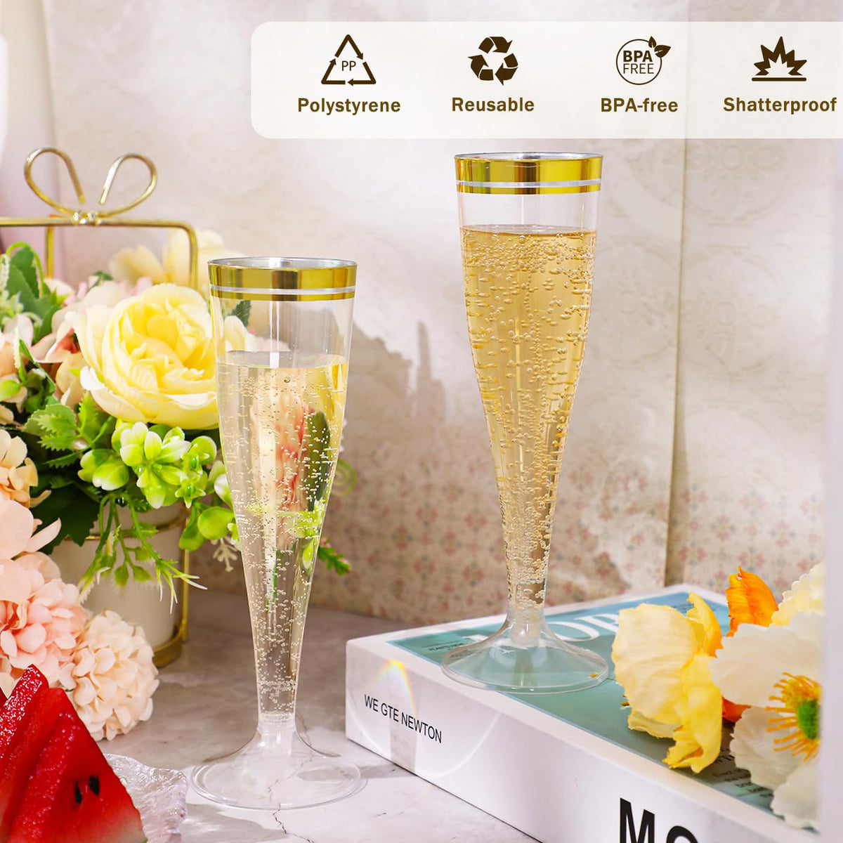 100 Pack Plastic Champagne Flutes,4.5 oz Clear Champagne Glasses with Gold Rim, Disposable Champagne Cups for Wedding Birthday Bridal Shower Party, Mimosa Bar Supplies