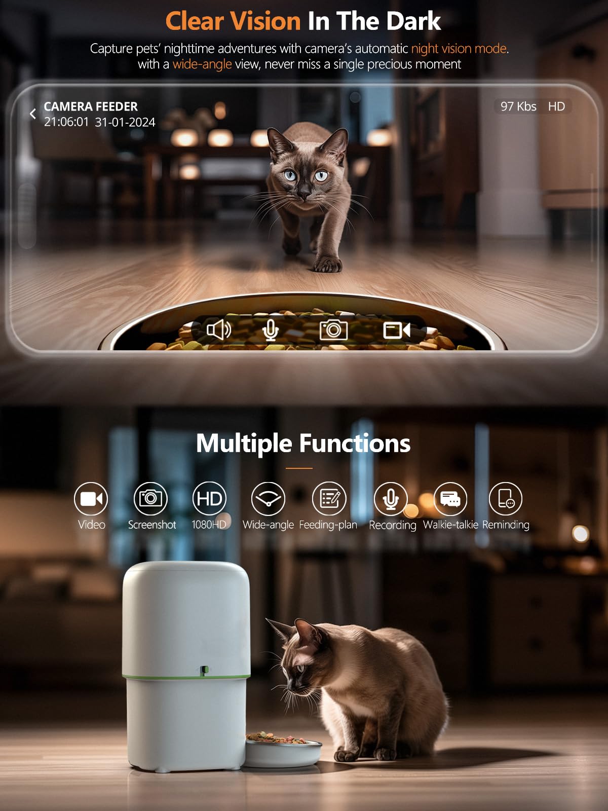 Yuposl Automatic Cat Feeder with Camera, 5G WiFi Cat Food Dispenser App Control 1080 HD Video with Night Vision, 4L Automatic Dog Feeder, Desiccant to Keep Dry Food Fresh