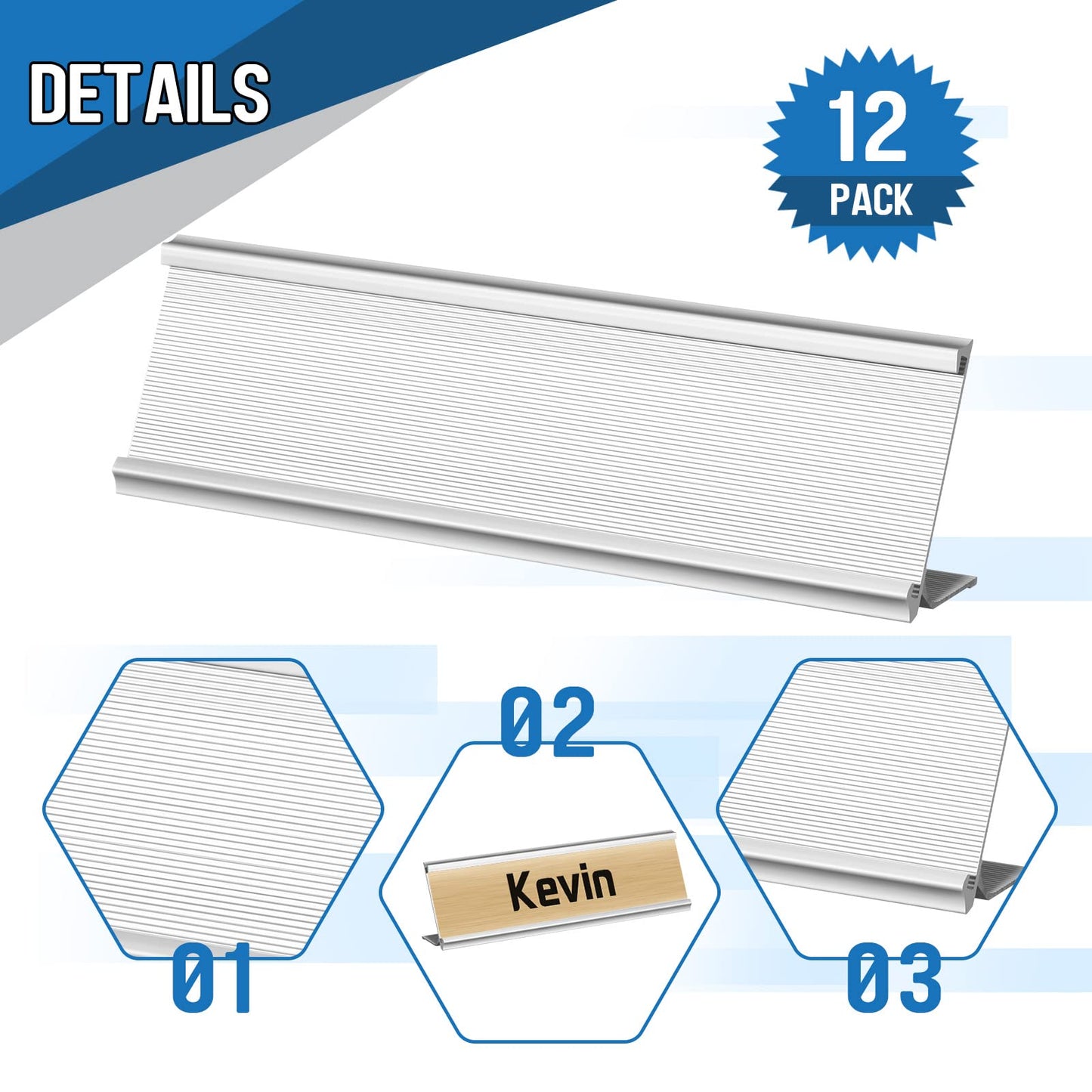 LEIFIDE 12 Pack Aluminum Name Plate Holder for Desk 2 x 8 Inch Blank Name Plates Office Business Desk Holder Desktop Table Display for End of Year School Business Office Teacher Classroom(Silver)