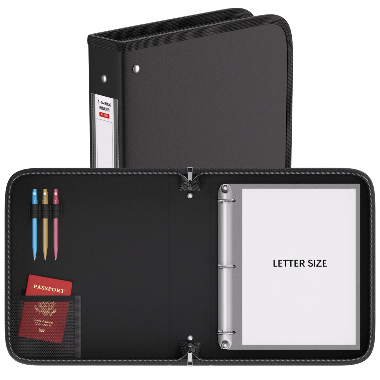 ZOOPIP Fireproof 3 Ring Binder with Zipper, 1.5 Inch D Rings Hold up 375 Sheets of 8.5" x 11" (A4), Compatible with Clear Page Protectors, Built-in net and Pen Holder (2 Pcs, Black, 1.5")