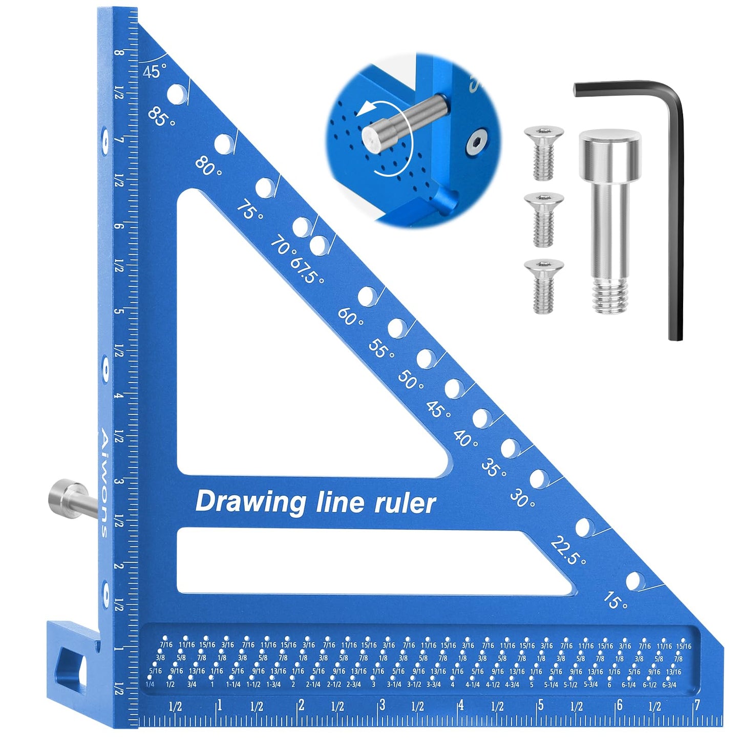 Aiwons 8.5inch 3D Multi-Angle Measuring Ruler -Large Precision Woodworking 3D Square Protractor 15-90 Degree and Miter Triangle Ruler - Aluminum Alloy Drawing Line Ruler for Engineer Carpenter Blue