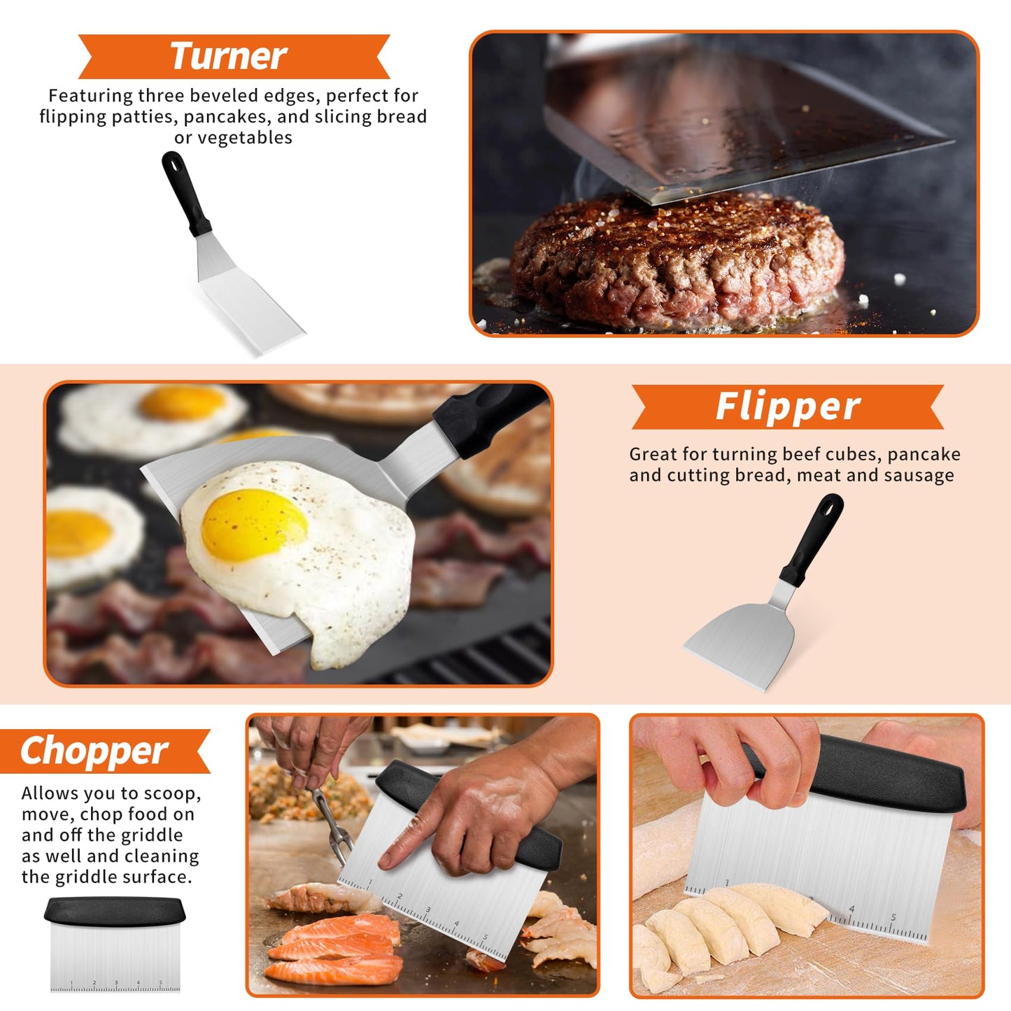 Bbcuepro 28 PCS Griddle Accessories Kit - Stainless Steel Flat Top Grill BBQ Spatula Set with Extra Large Spatula and Burger Press for Outdoor Barbecue Camping Cooking