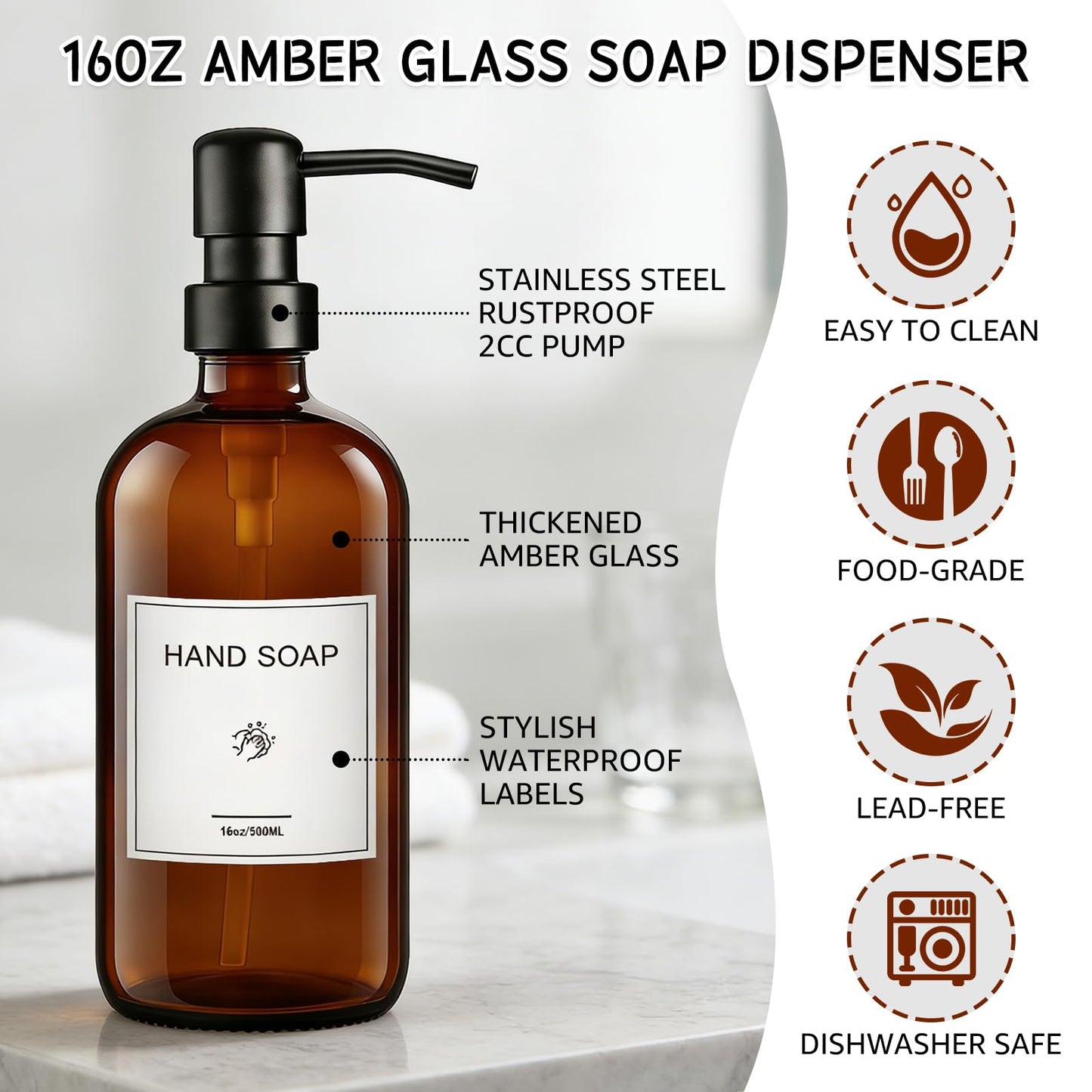 KEYWING Kitchen Soap Dispenser Set with Wood Tray, 16oz Amber Glass Soap Dispensers with Stainless Steel Pumps, Hand and Dish Soap Dispenser Set for Kitchen, Soap and Lotion Dispenser for Bathroom