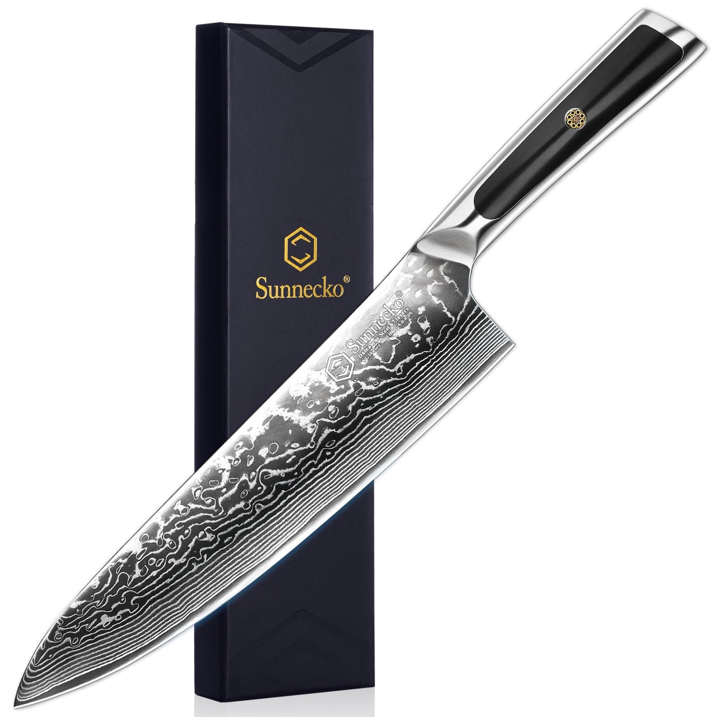 Sunnecko 8 Inch Chef Knife - Ultra Sharp 10-12° Japanese Damascus Knife, VG10 67 Layers Forged Kitchen Knife for Meat Cleaver & Vegetable Slicing, Full Tang Professional Cooking Gift for Father’s Day