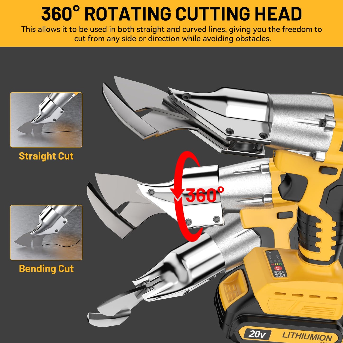 Cordless Sheet Cutter for DE-Walt 20V Max Battery, Electric Metal Shears with 360° Pivoting Head, Maximum Torque 221 Ft-Lbs, Brushless Scissors for Stainless Steel, Metal, and Iron Cutting（Tool Only）