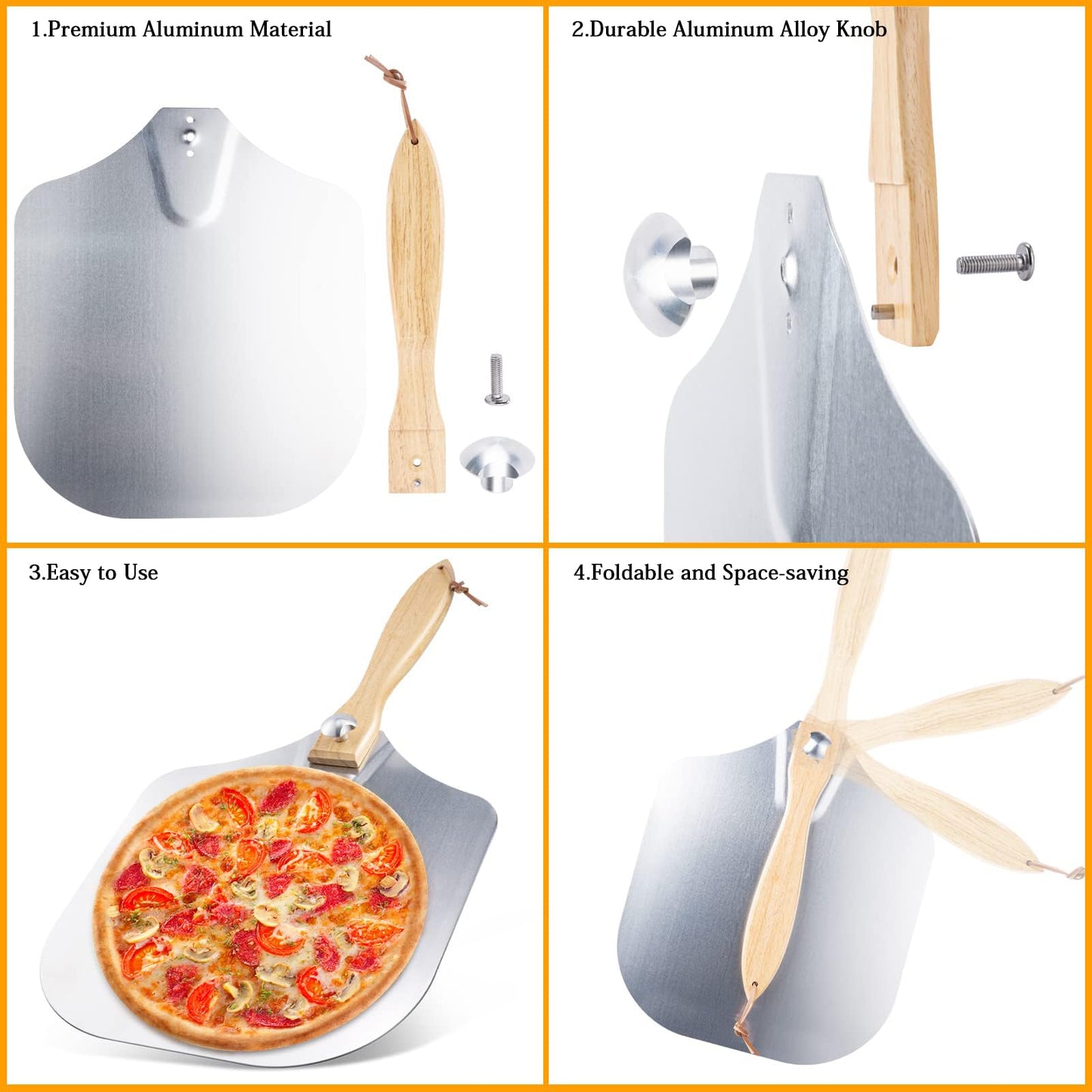 Ninonly Aluminum Pizza Peel 12" x 14" Pizza Paddle with Foldable Wood Handle, Metal Pizza Spatula with Rocker Cutter for Easy Storage&Clean, Pizza Tools for Pizza Oven Baking Pizza Bread Pastry