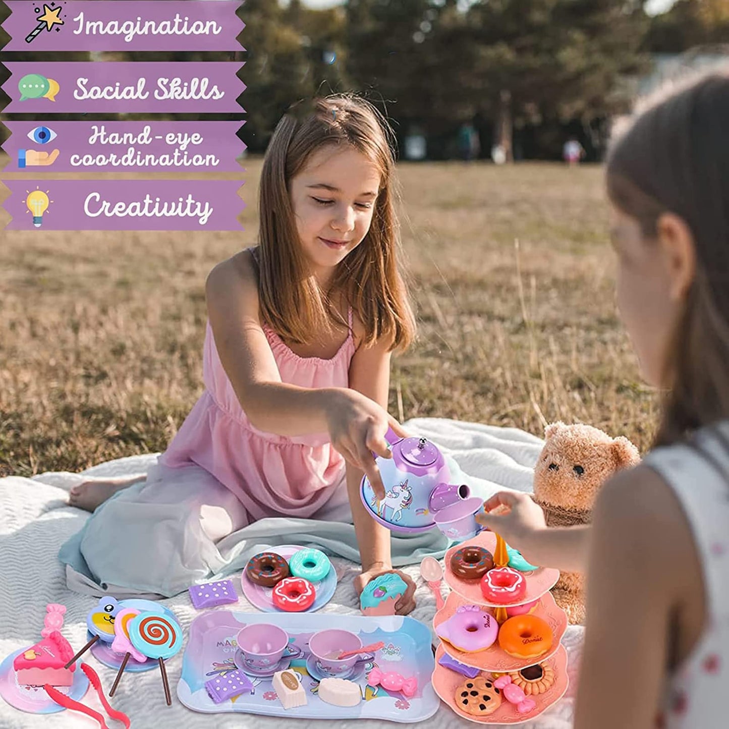 ZEAUBiM Kids Tea Set for Little Girls,Gift for Age 3 4 5 6 Year Old, Toddler Toys Tea Party Set for Little Girls, Princess Kids Kitchen Pretend Toy with Tin Tea Set (Unicorn Tin Teapot Set)