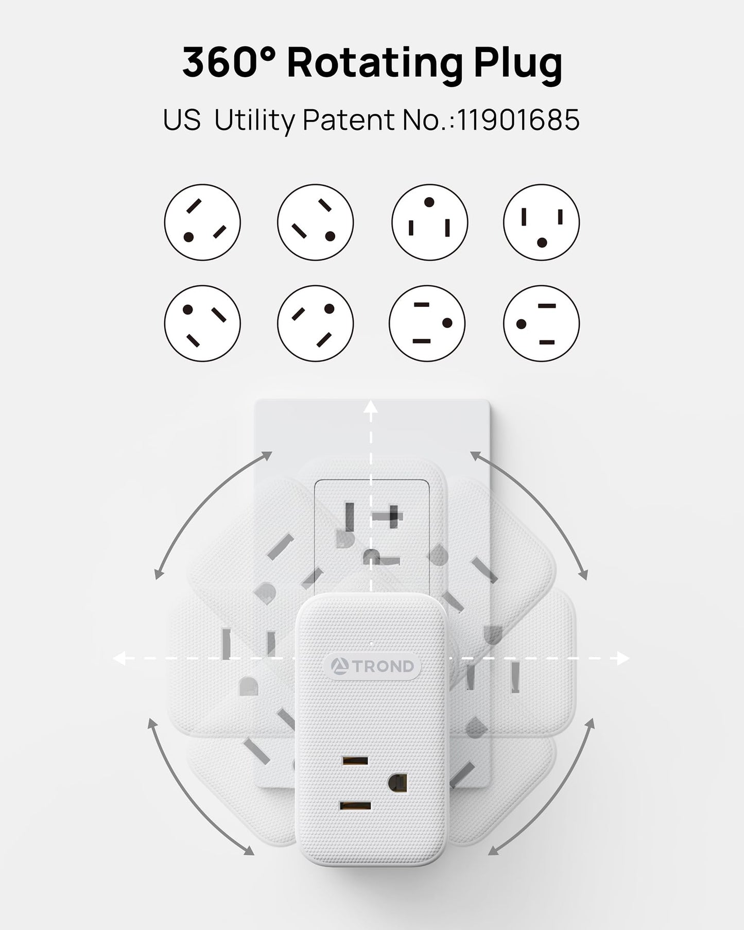 TROND 360° Rotating Multi Plug Outlet Extender, 2 PD 20W USB C Fast Charging Station, Small Power Splitter with 3 Way Sided Wall Socket Adapter for Home Office Dorm Room Cruise Travel Essentials