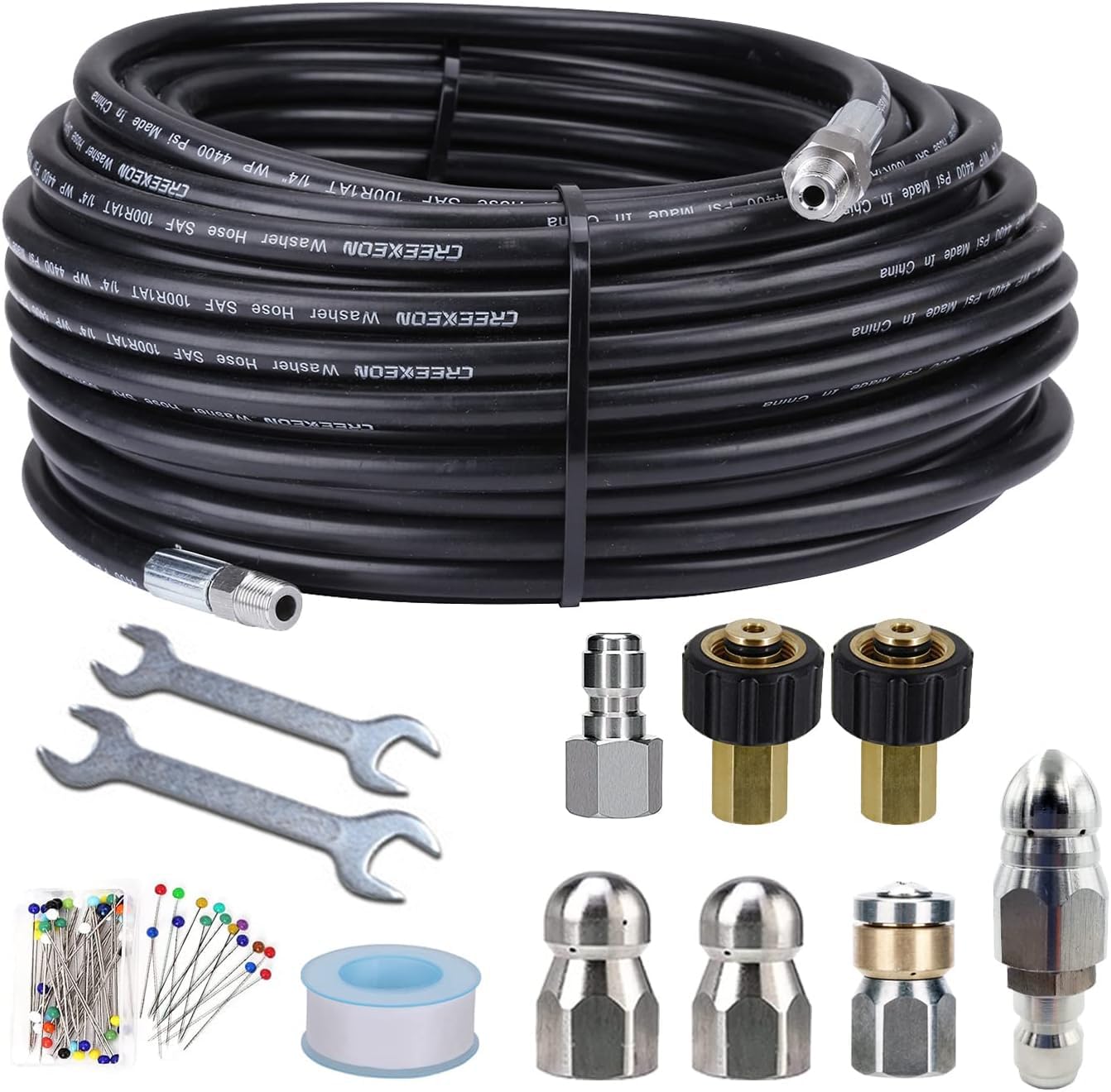 CREEXEON Sewer Jetter Kit for Pressure Washer, 100Ft Pressure Washer Hose,4 Pcs Sewer Jetter Nozzles, 2 Pieces M22-14mm 15mm Brass Thread, Spanners &Pearl Corsage Pin,1/4 Inch M-NPT