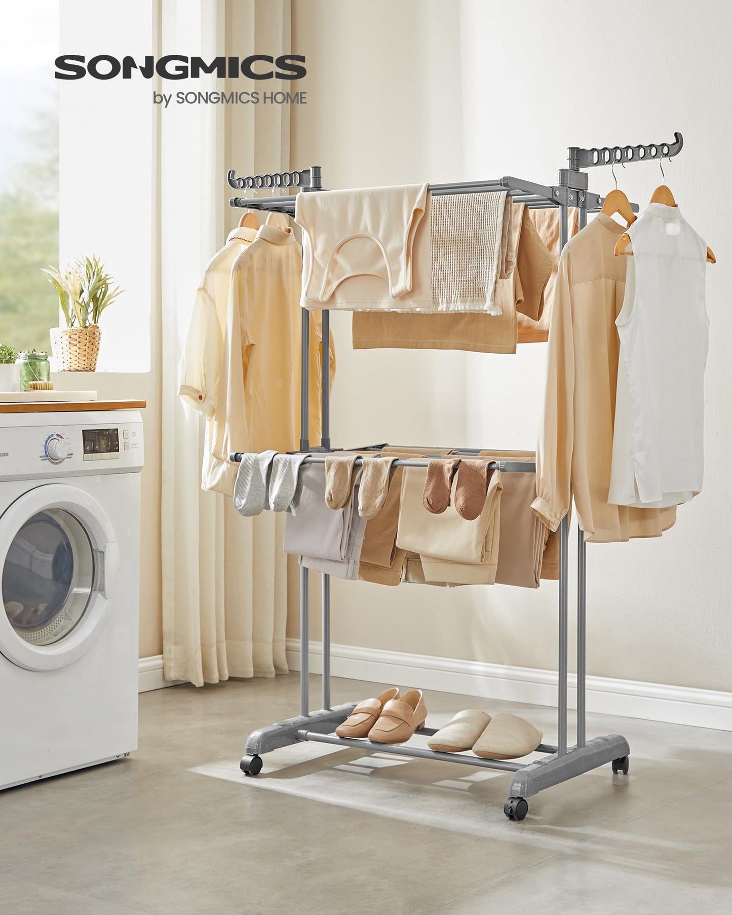 SONGMICS Clothes Drying Rack 3-Tier, Foldable Laundry Drying Rack 148 cm Tall, Steel, Rolling Clothes Horses, Laundry Hanger Dryer Airer, Indoor Outdoor Use, Dove Gray ULLR702G01