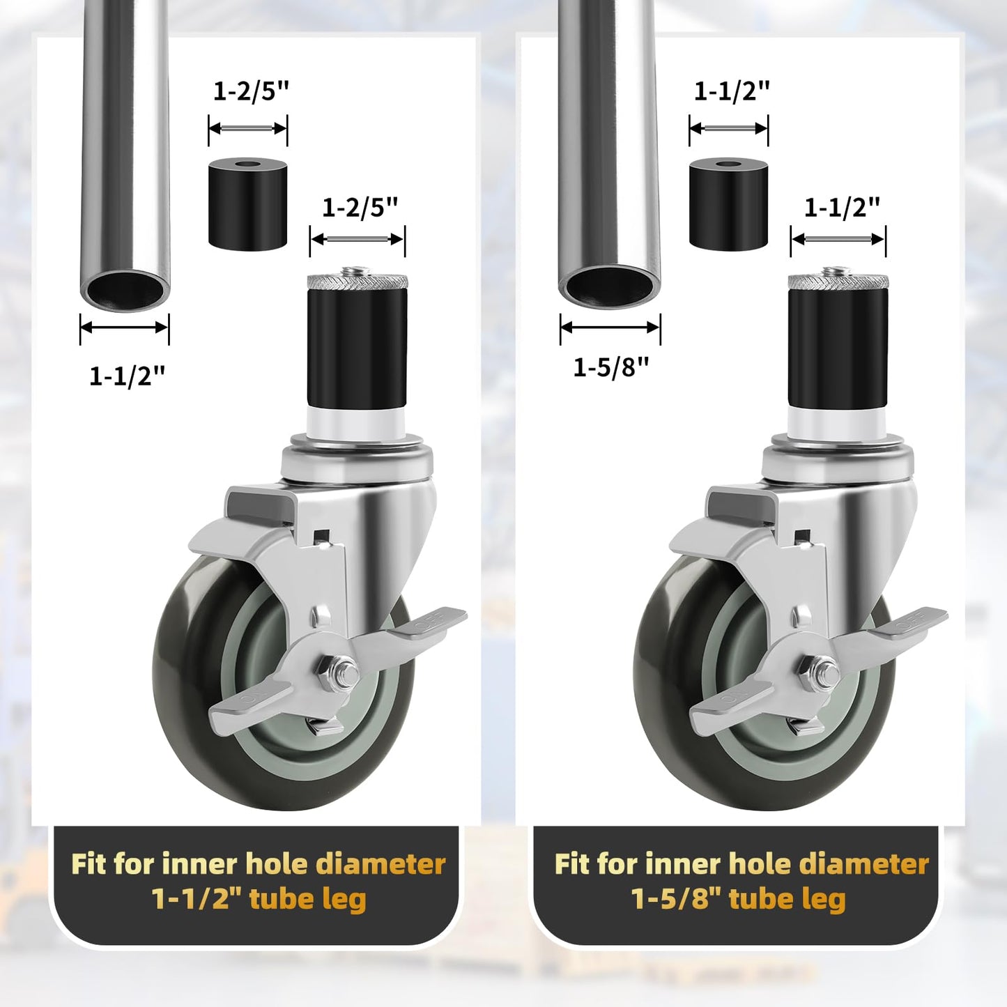 Besitu 4 Inches Prep Table Wheels Set of 4, 1-1/2" Expanding Stem Caster with Side Brake for Stainless Steel Table, Cart, Furniture Legs, Commercial Kitchen Appliances, Workbench