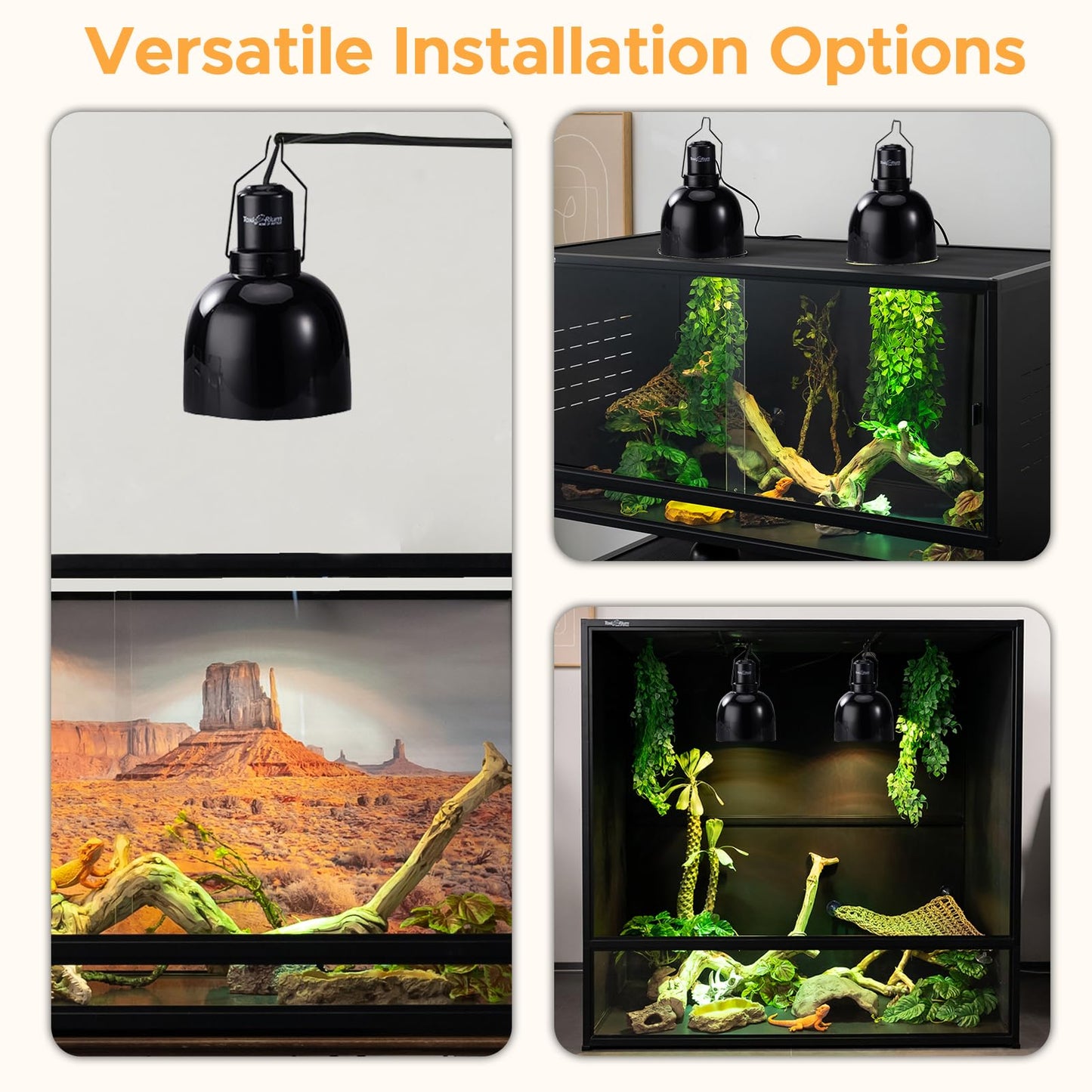 Reptile Light Fixture, 2-Pack 5.5-Inch Deep Dome Lamp Caps with Optical Reflection Cover, Heat-Resistant Design for Reptile Enclosures, Terrariums, and Amphibian Habitats