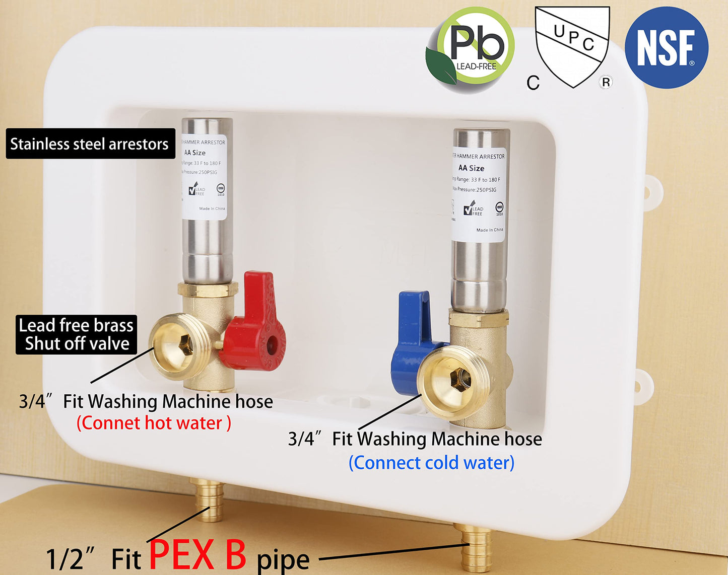 WHK Washing Machine Outlet Box,Pex Laundry Box Washer Wall Box With Drain Recessed Water Valve Box Center Double Drain 1/2-inch Crimp PEX B,PVC White (With Stainless Steel Water Hammer Arrester)