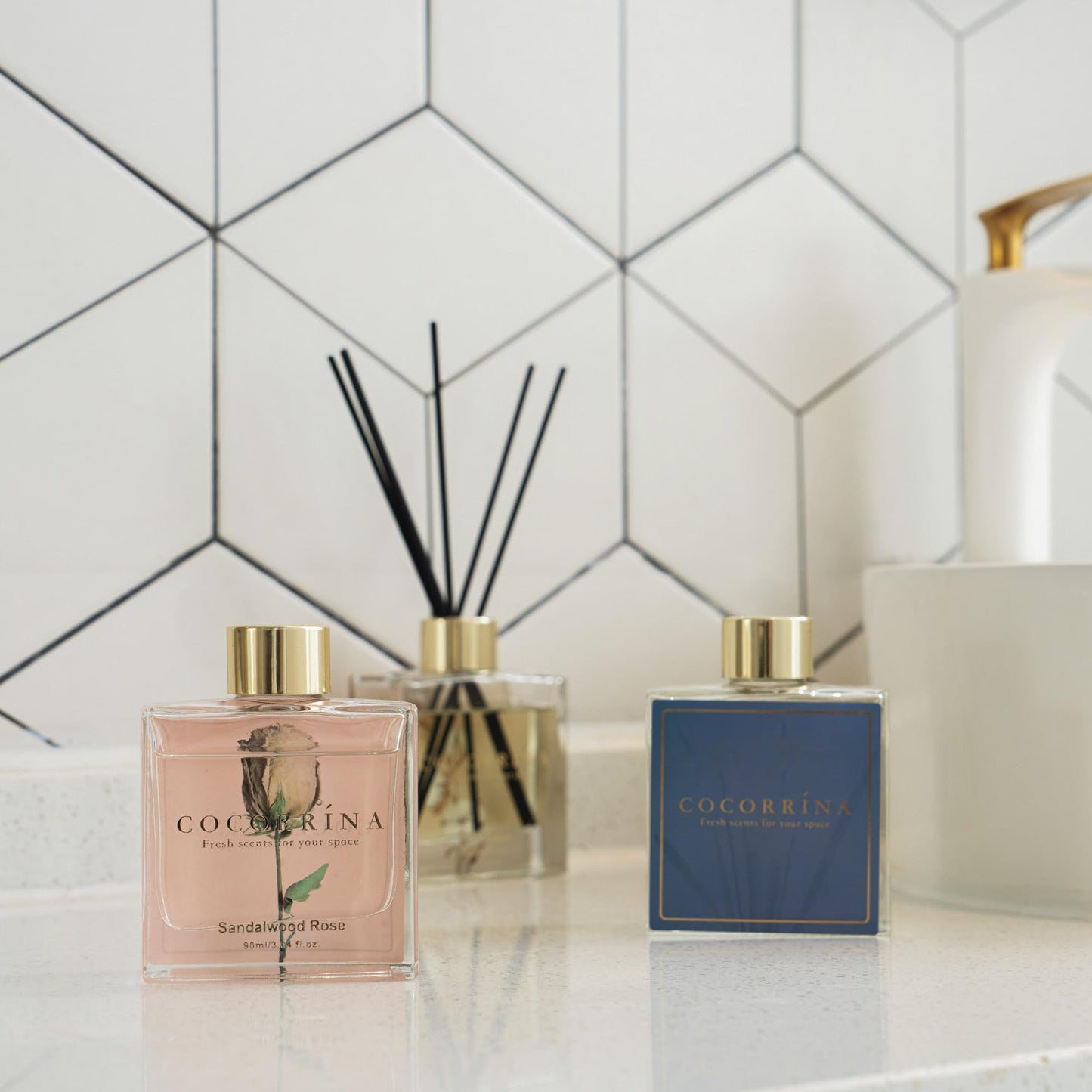COCORRÍNA Reed Diffuser Set of 3, 3 Packs of 3 Reed Diffusers with 24 Sticks Cashmere Vanilla Sandalwood Pink Clean Linen Reed Diffuser for Home Bathroom Office