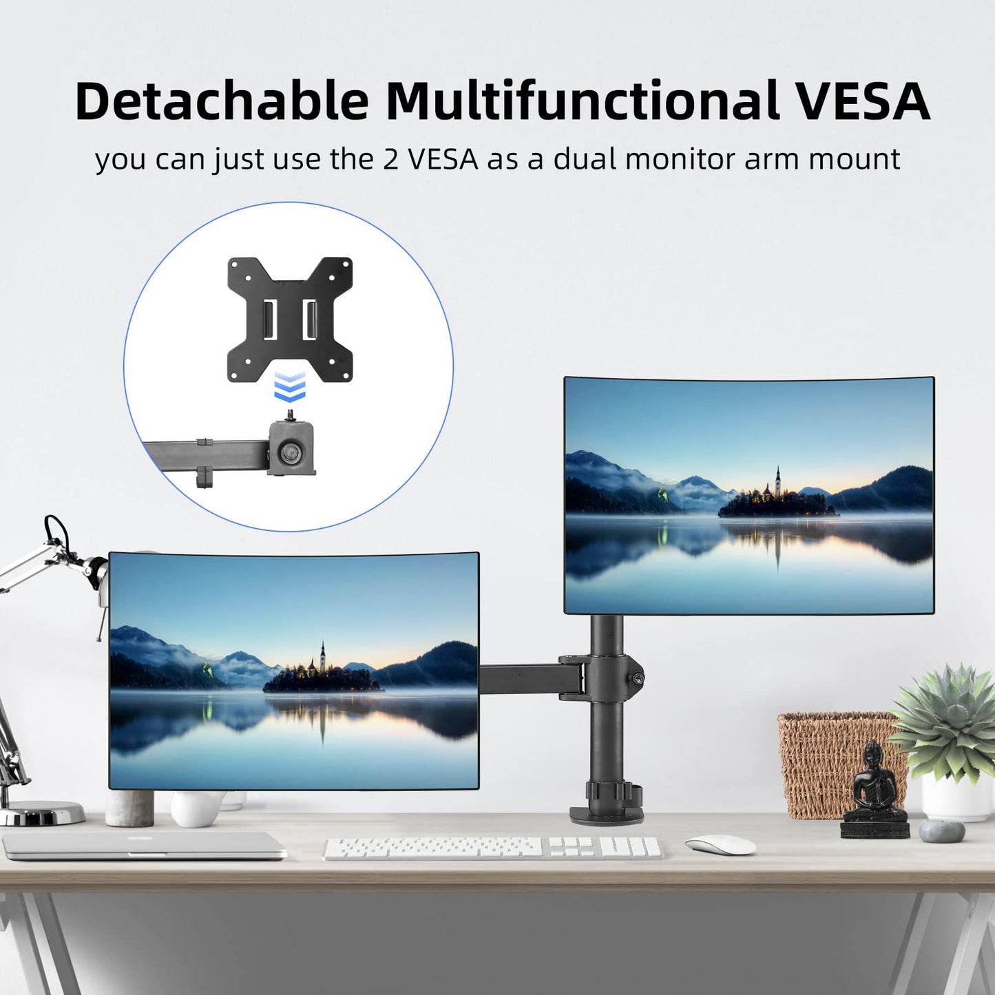 Suptek Monitor and Laptop Mount Holds 13-32 inch Computer Screen,Adjustable Monitor Arm Stand with Laptop Tray for 13-27 inch,Hold 22 lbs, with Clamp and Grommet Mounting Base