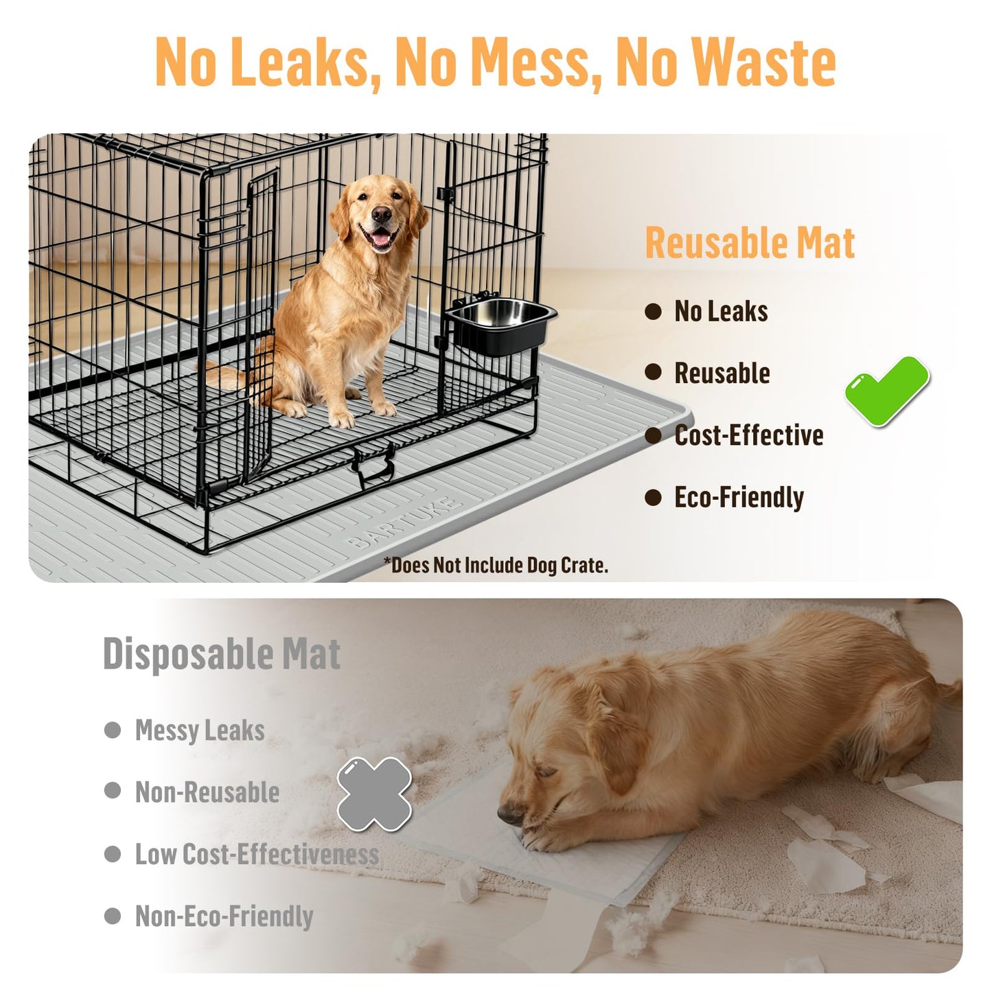 Bartuke Silicone Dog Crate Pad Liner, 117x81cm Pet Crate Mat for Dog Cages, Kennel Mat with Raised Edge, Waterproof, Leakproof, Easy to Clean